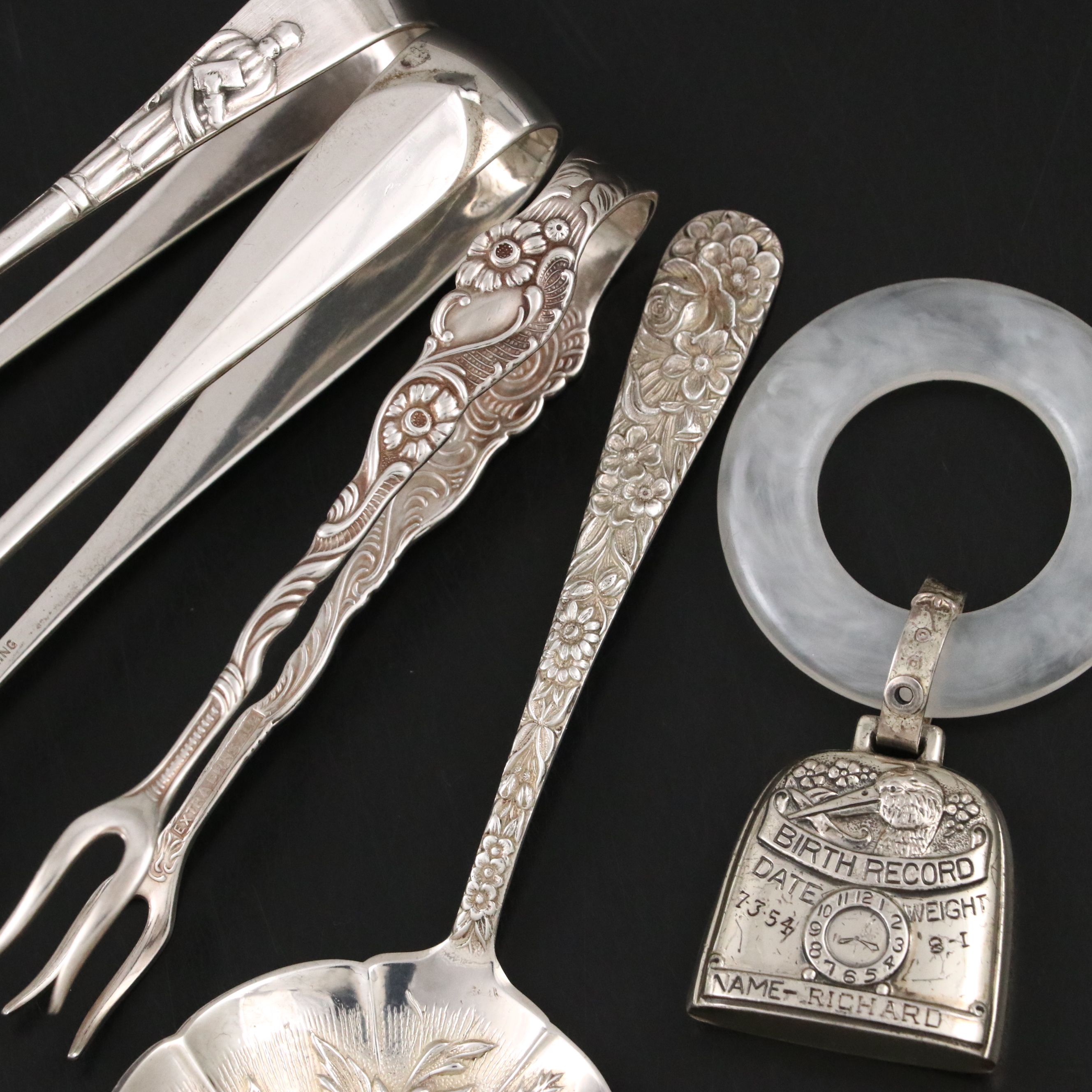 Vintage S. Kirk & Son Repoussé Sterling Berry Spoon w/ Sterling Rattle and Tongs