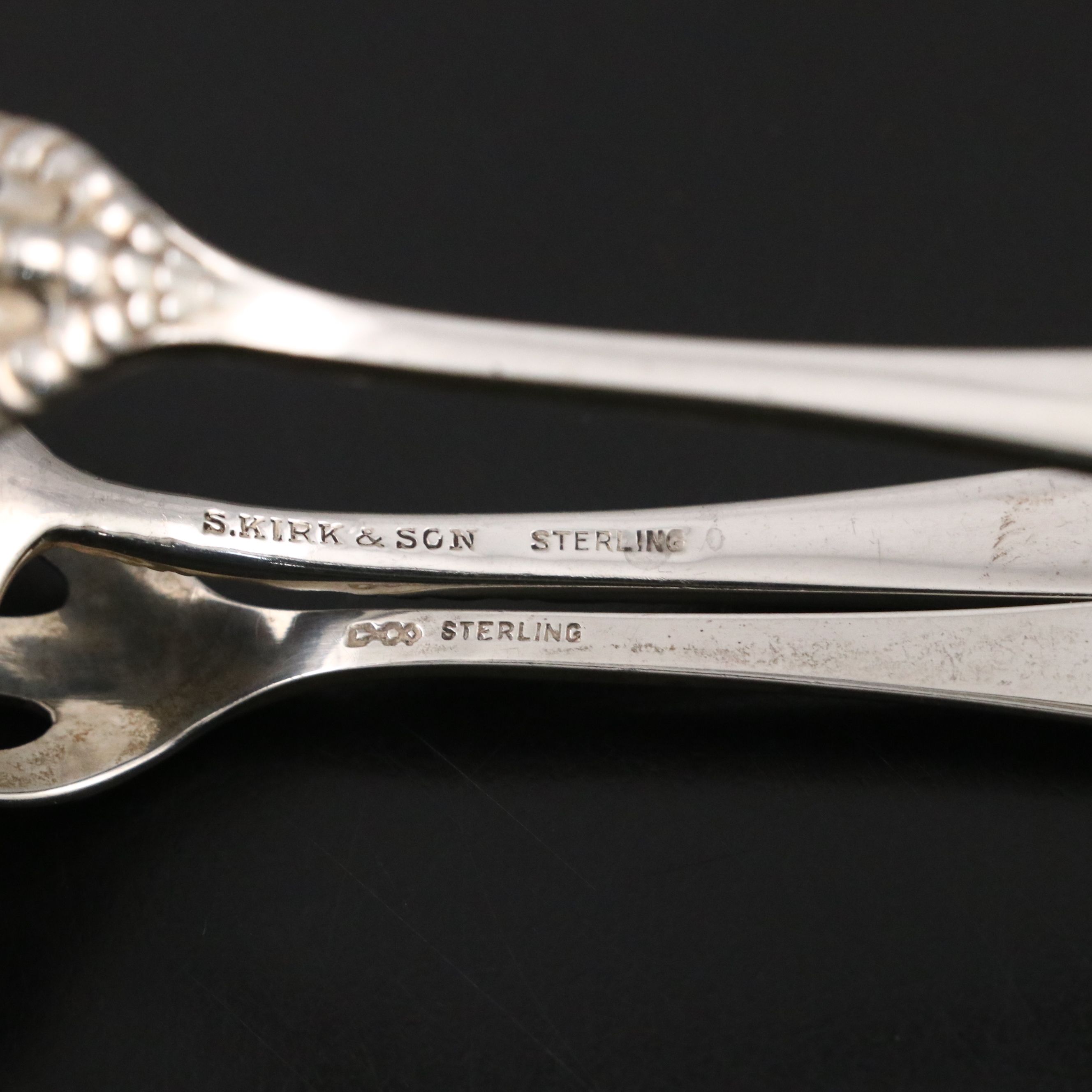 Vintage S. Kirk & Son Repoussé Sterling Berry Spoon w/ Sterling Rattle and Tongs