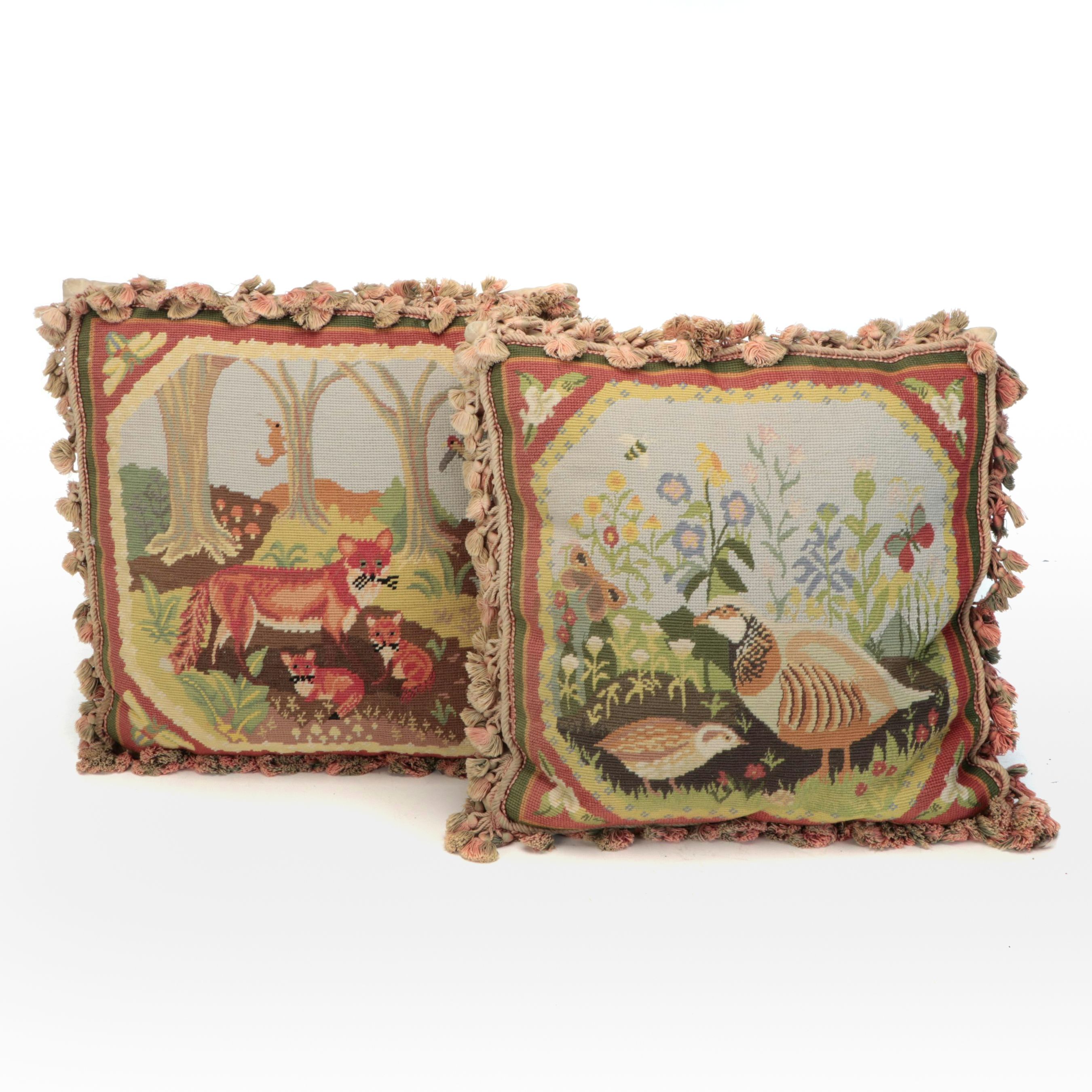 Needlepoint Tasseled Fox and Quail Accent Pillows