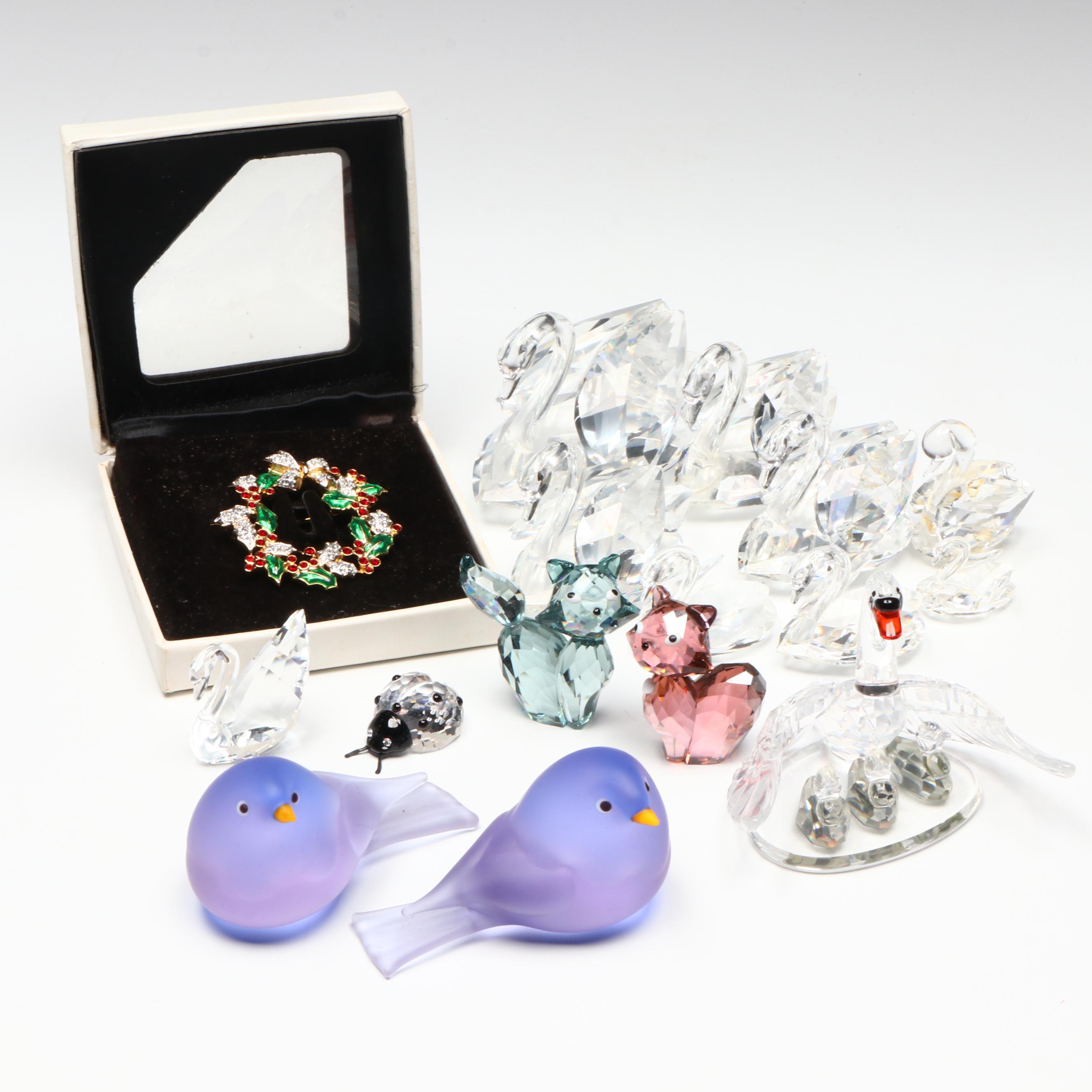 Swarovski Crystal Figurines and Pin with Murano Glass Birds