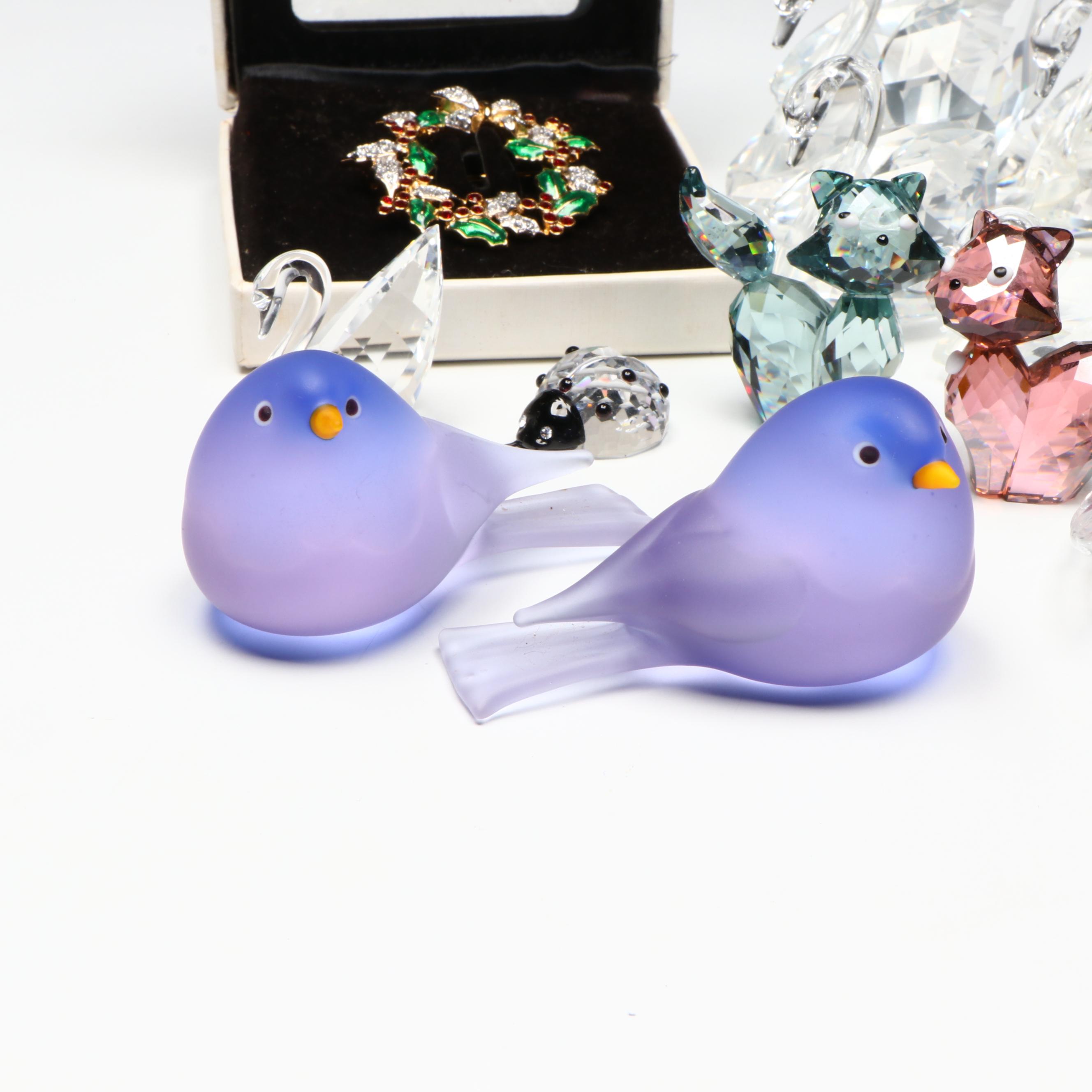 Swarovski Crystal Figurines and Pin with Murano Glass Birds