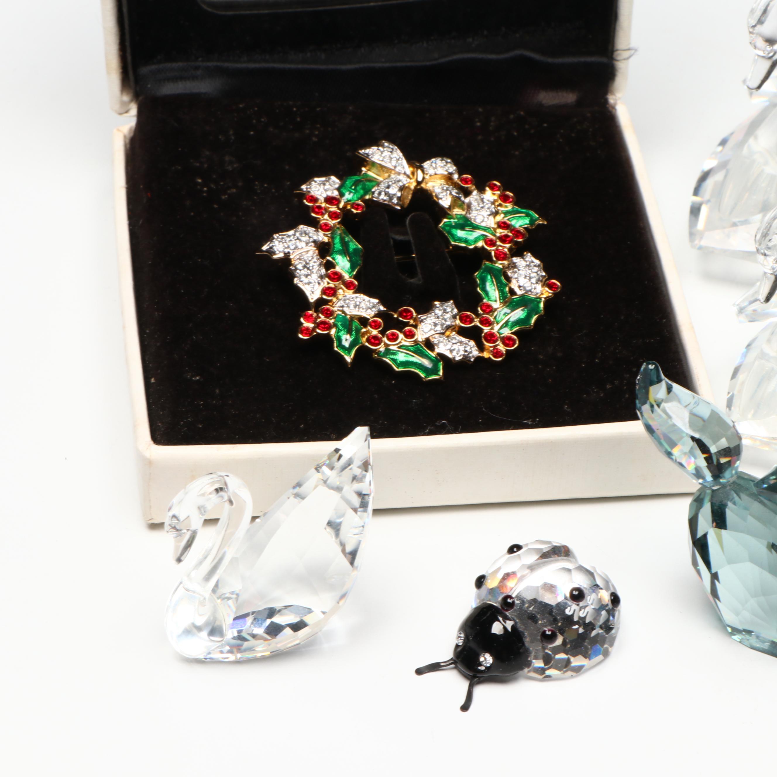 Swarovski Crystal Figurines and Pin with Murano Glass Birds