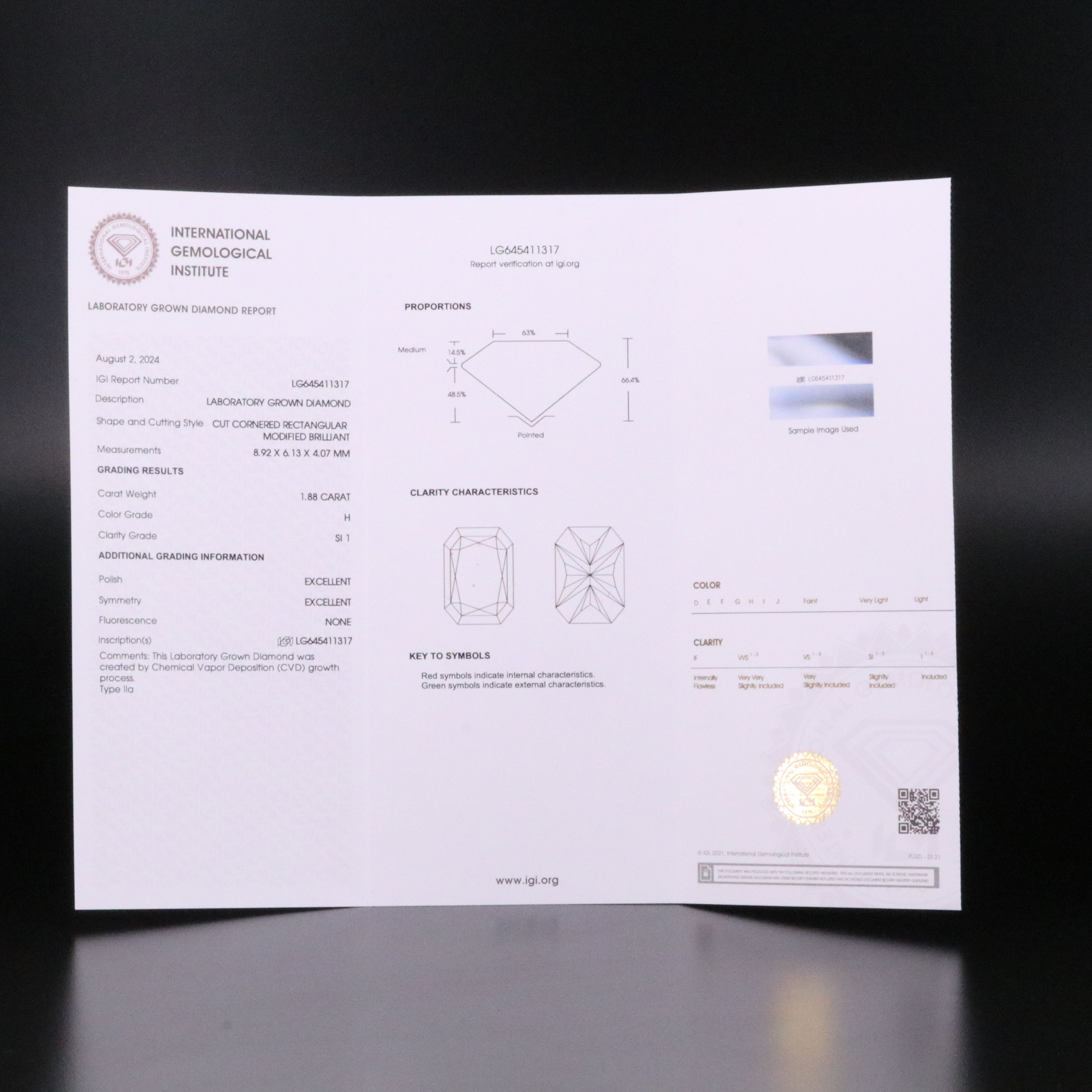 Loose 1.88 CT Lab Grown Diamond with IGI Report