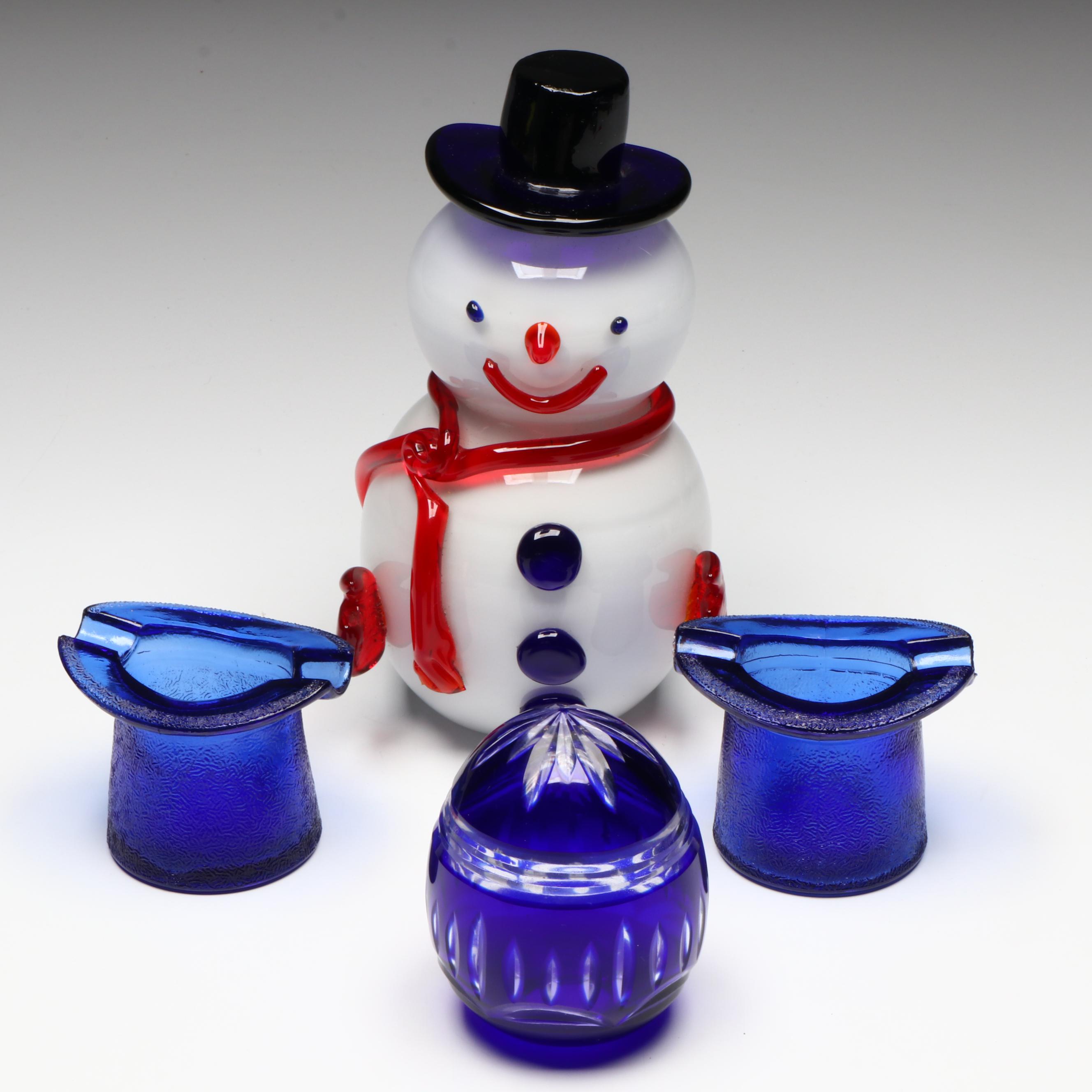 Snowman Glass Figure with Top Hat Glass Ashtrays and Egg Paperweight
