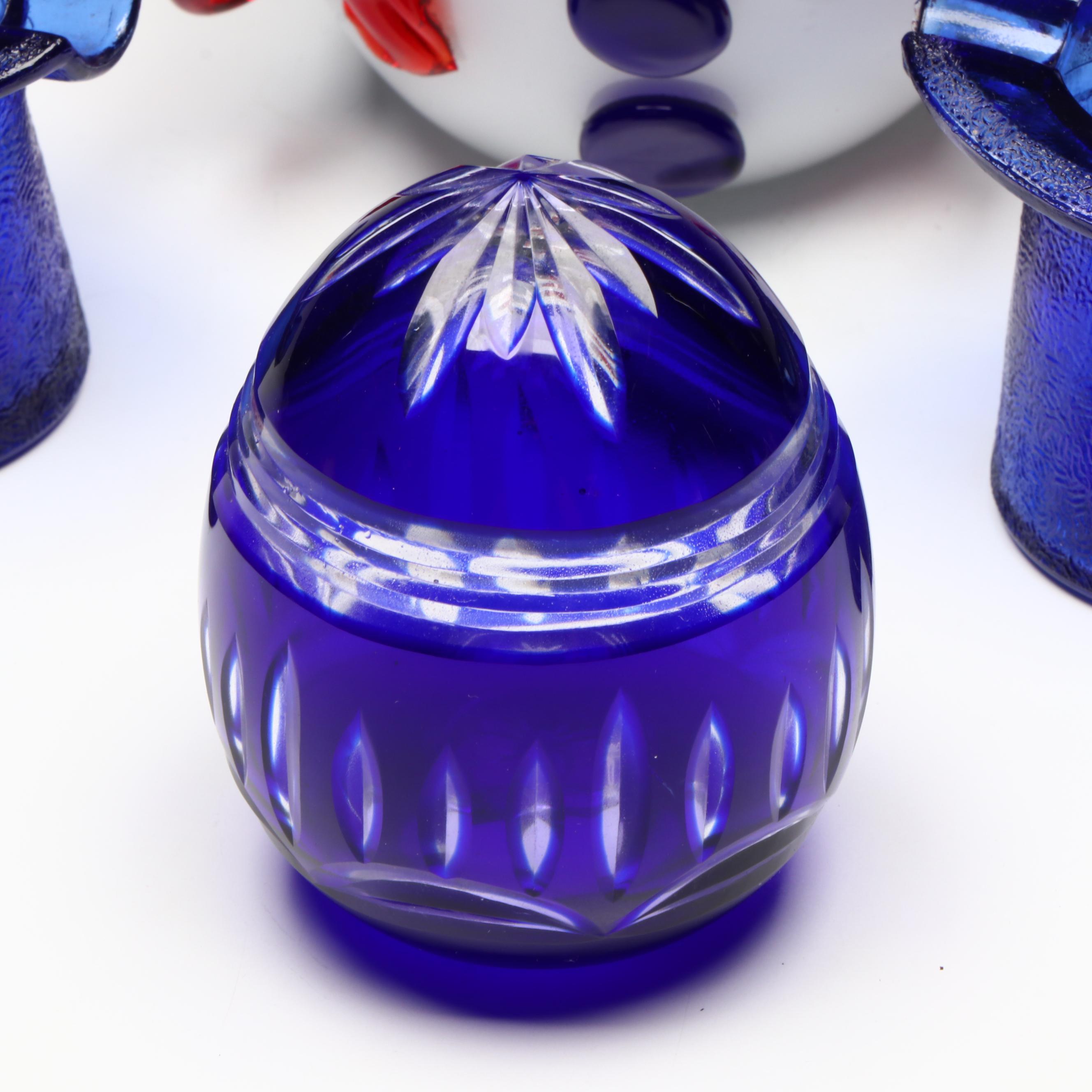 Snowman Glass Figure with Top Hat Glass Ashtrays and Egg Paperweight