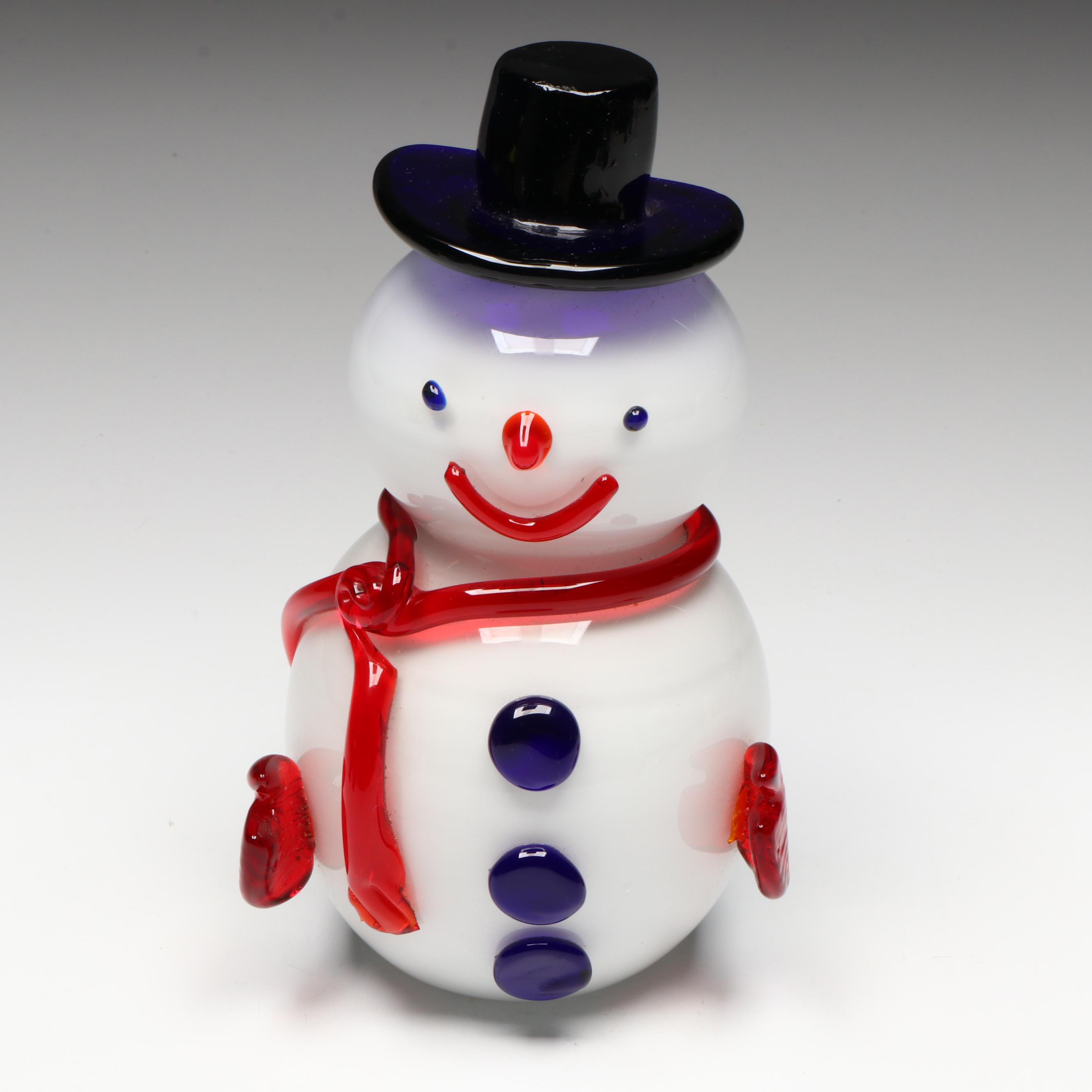 Snowman Glass Figure with Top Hat Glass Ashtrays and Egg Paperweight