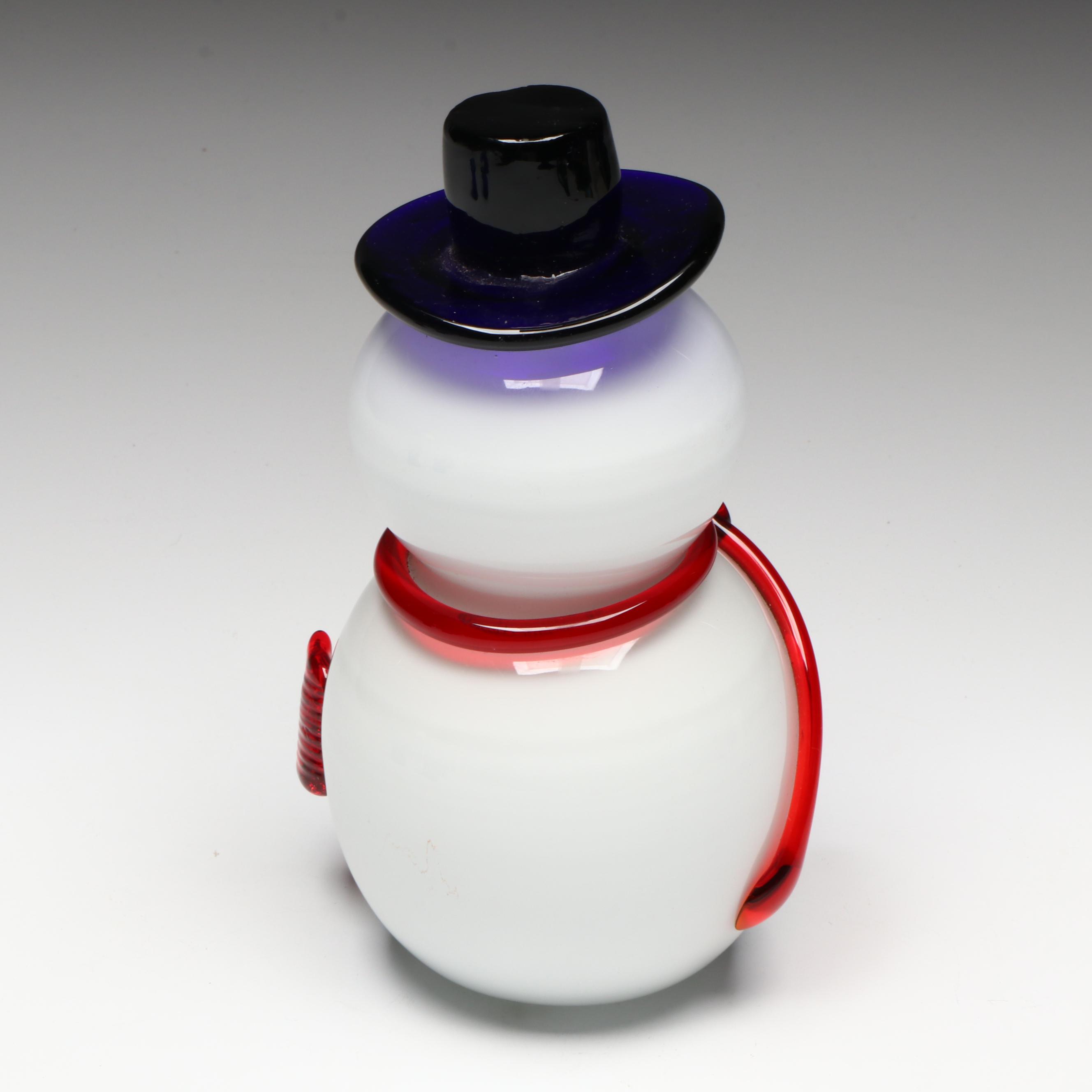 Snowman Glass Figure with Top Hat Glass Ashtrays and Egg Paperweight