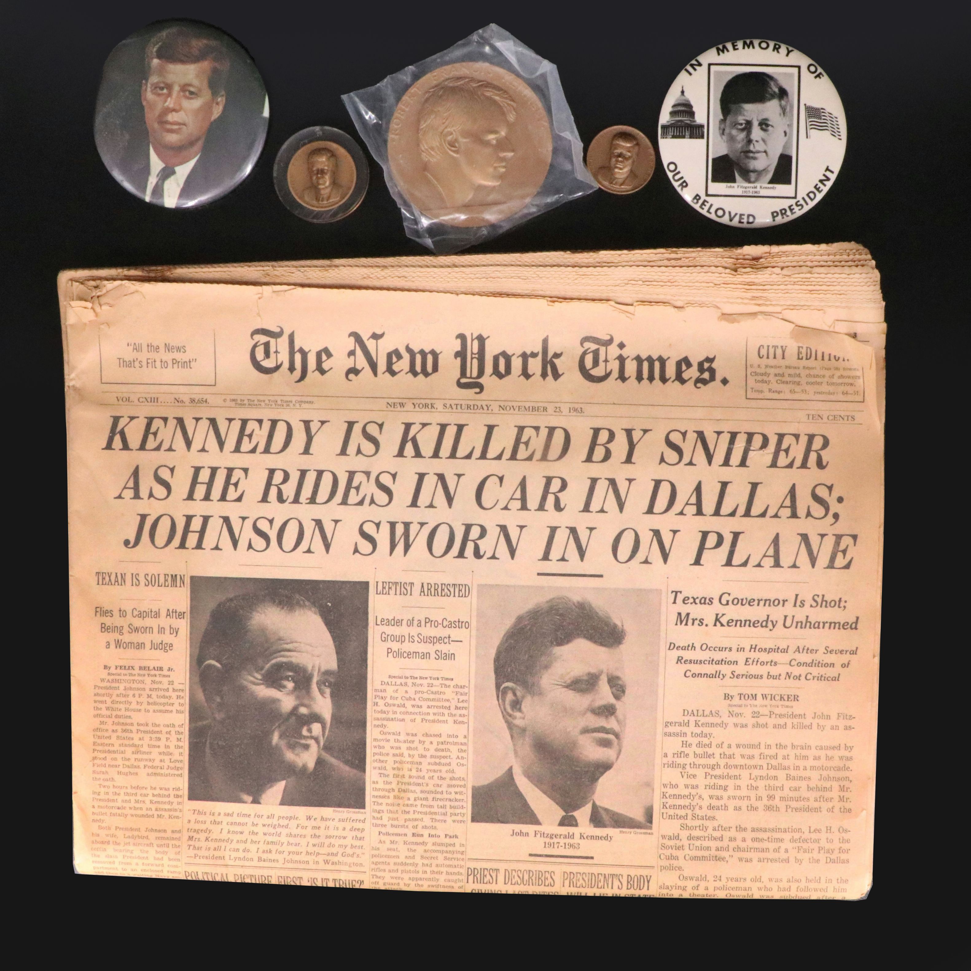 John F. Kennedy November 23, 1963 New York Times, Commemorative Medals and More