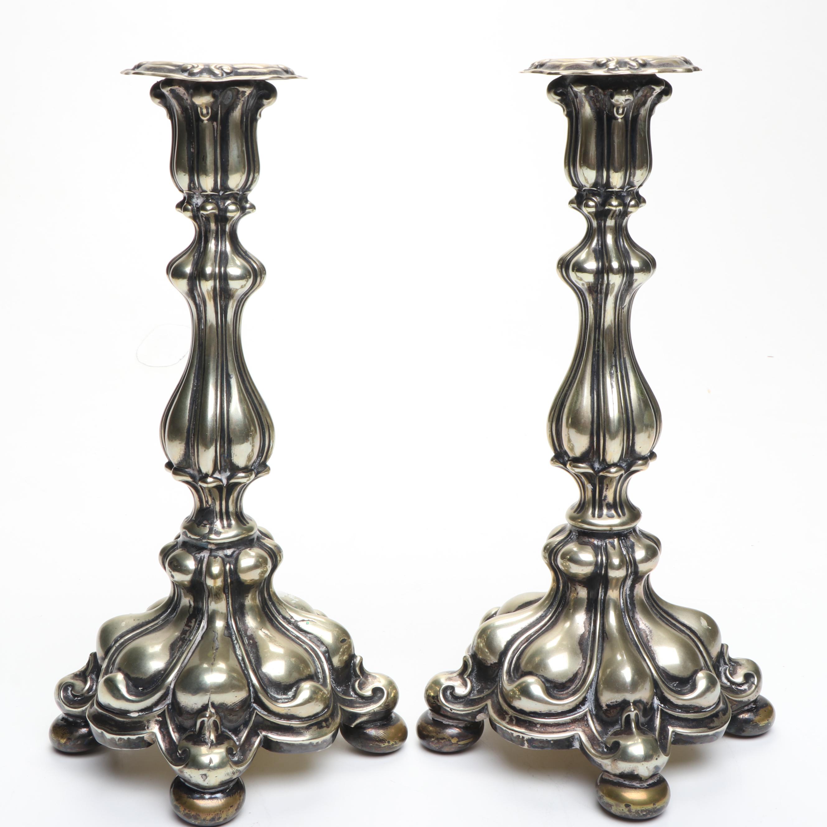 Continental European Baroque Style Silver Plate Candlesticks, 19th Century