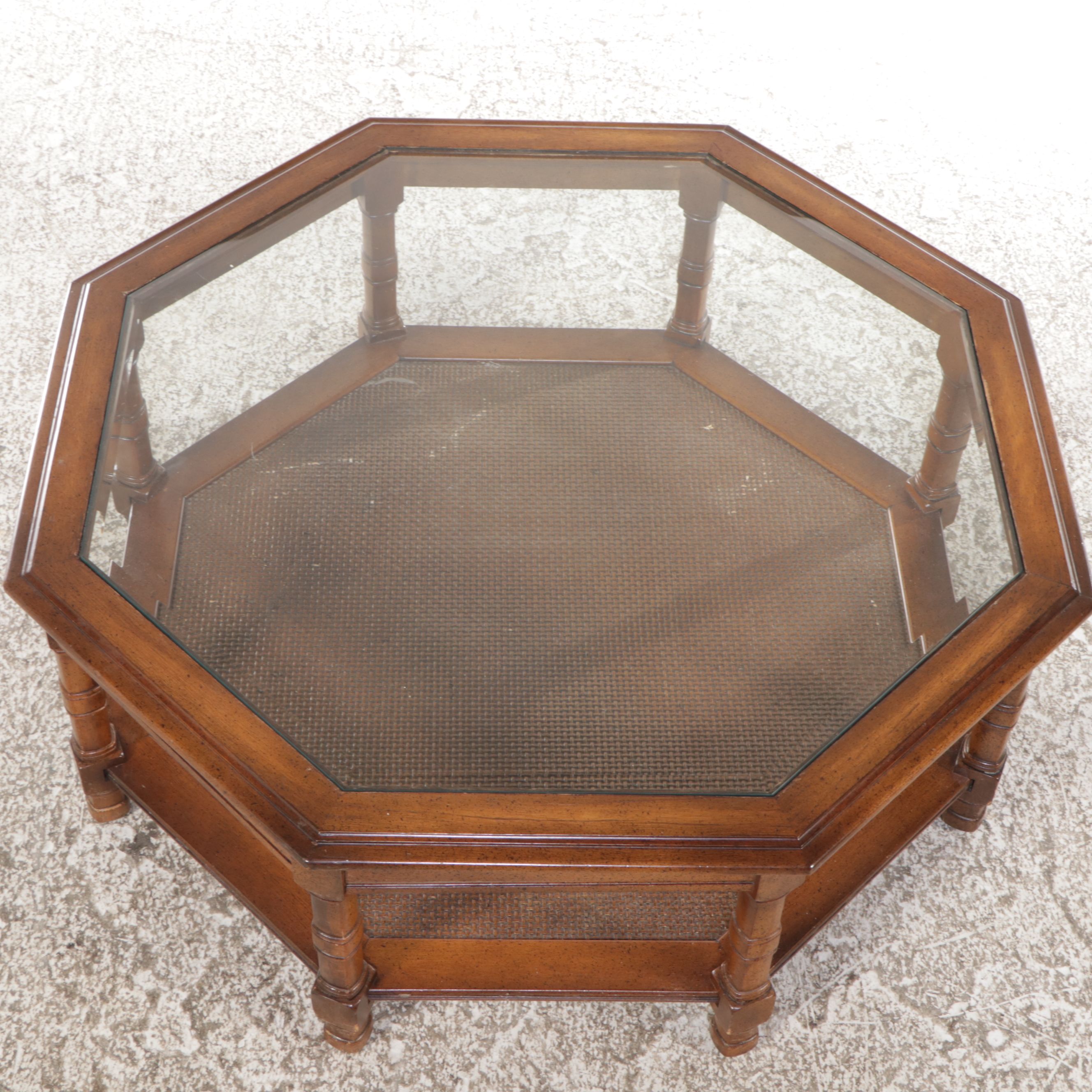 Octagonal Glass-Top Wood Coffee Table, Late 20th Century