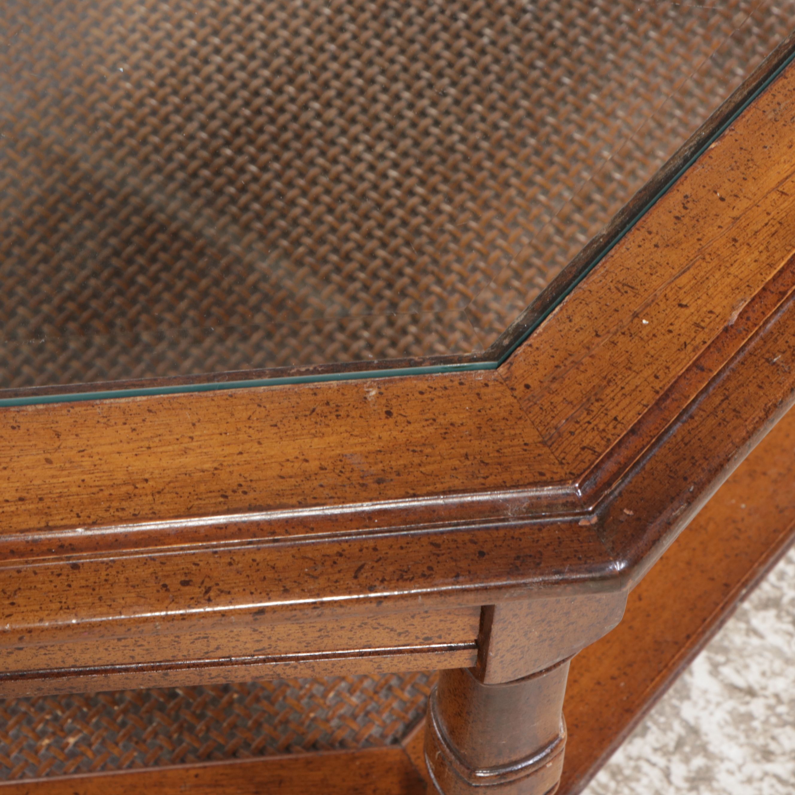 Octagonal Glass-Top Wood Coffee Table, Late 20th Century