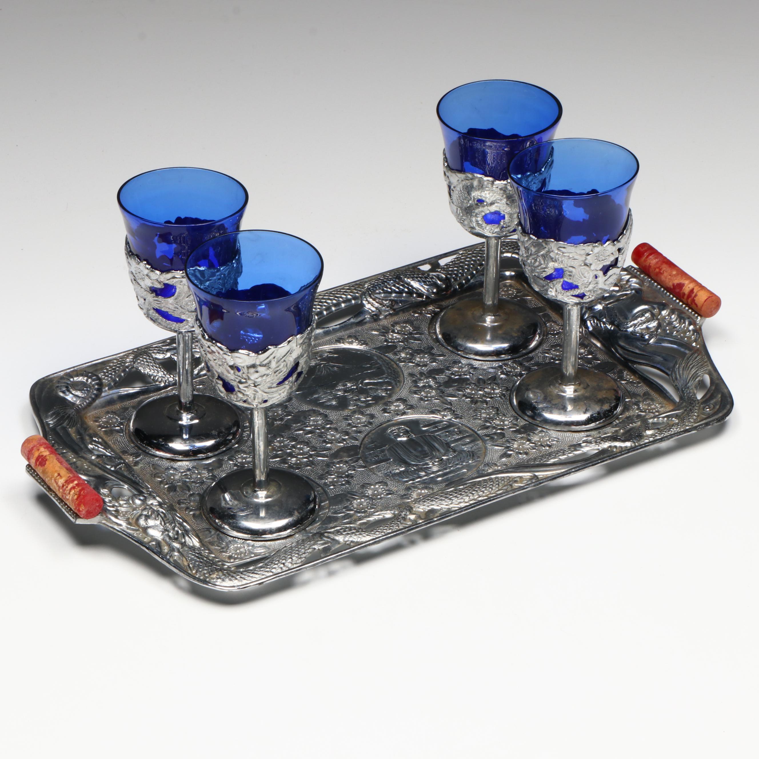 Japanese Metal Tray and Shot Glasses with Ceramic Vase and Buddha