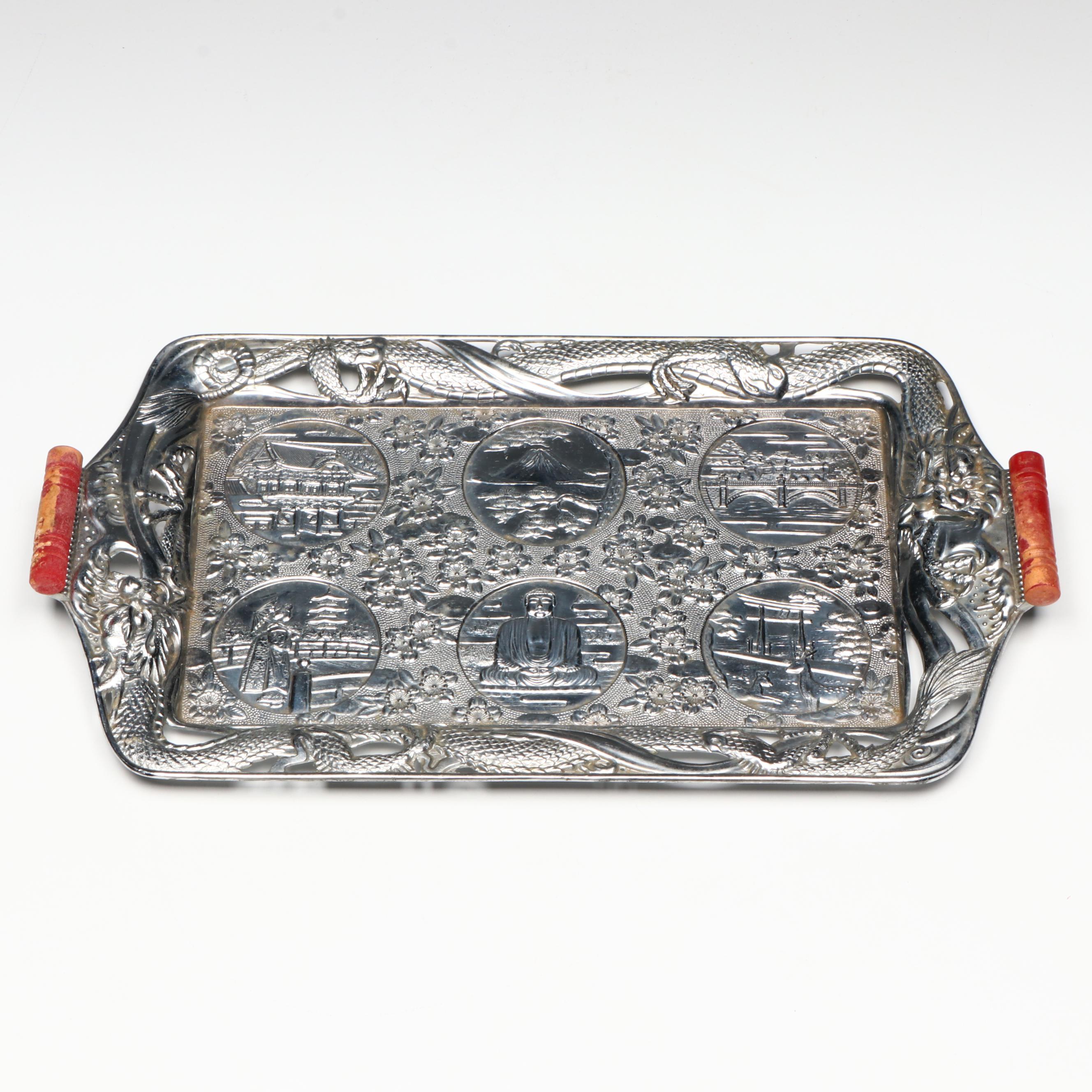 Japanese Metal Tray and Shot Glasses with Ceramic Vase and Buddha