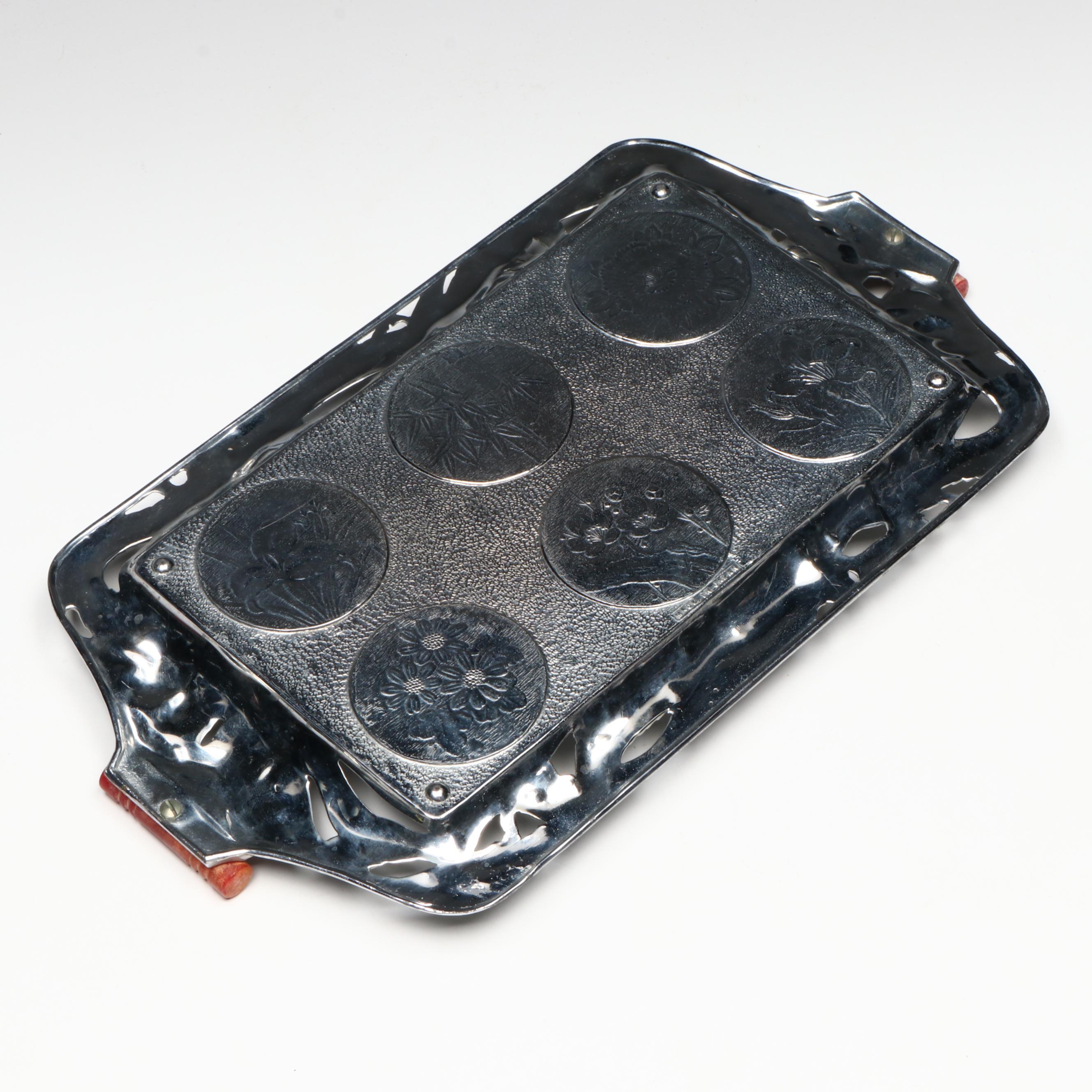 Japanese Metal Tray and Shot Glasses with Ceramic Vase and Buddha