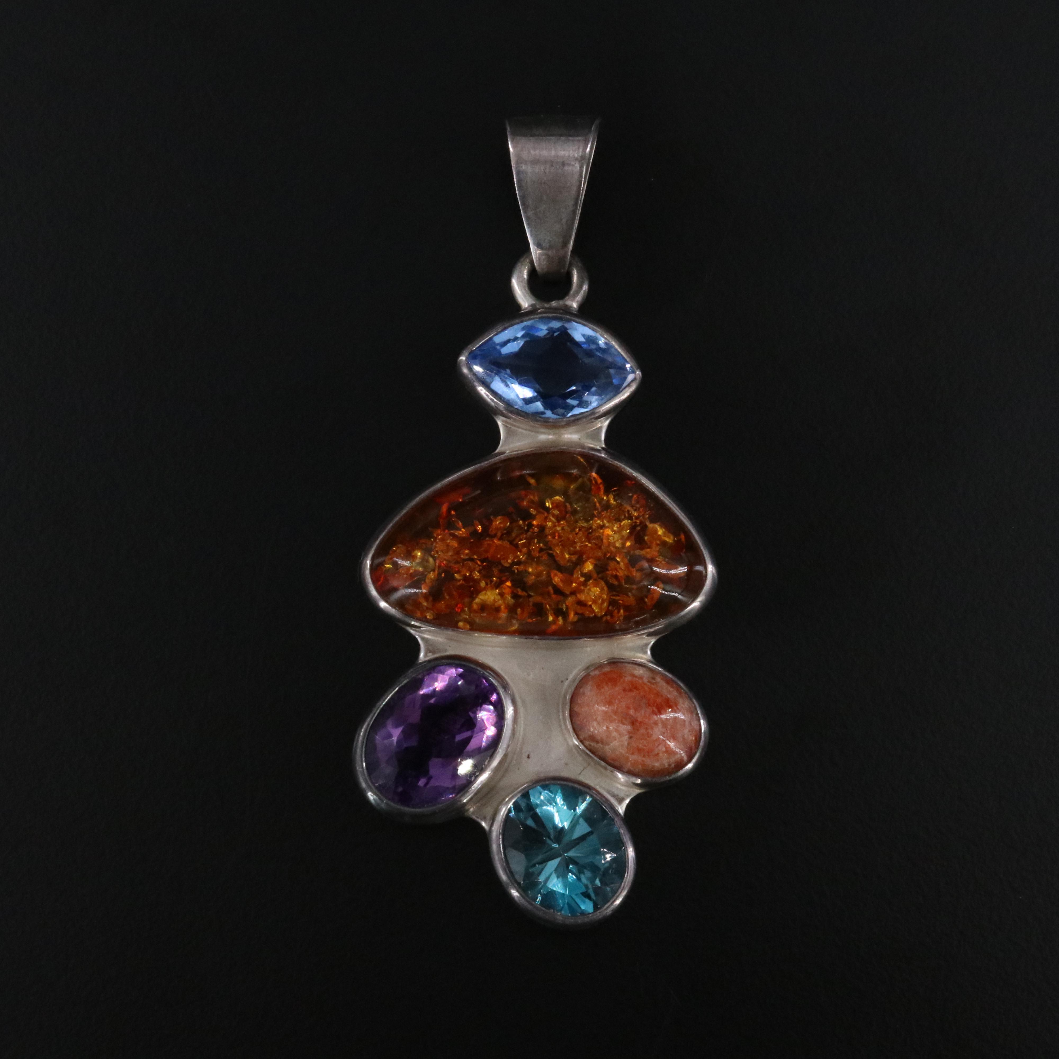 Sterling Pendant Including Amber, Sunstone and Amethyst