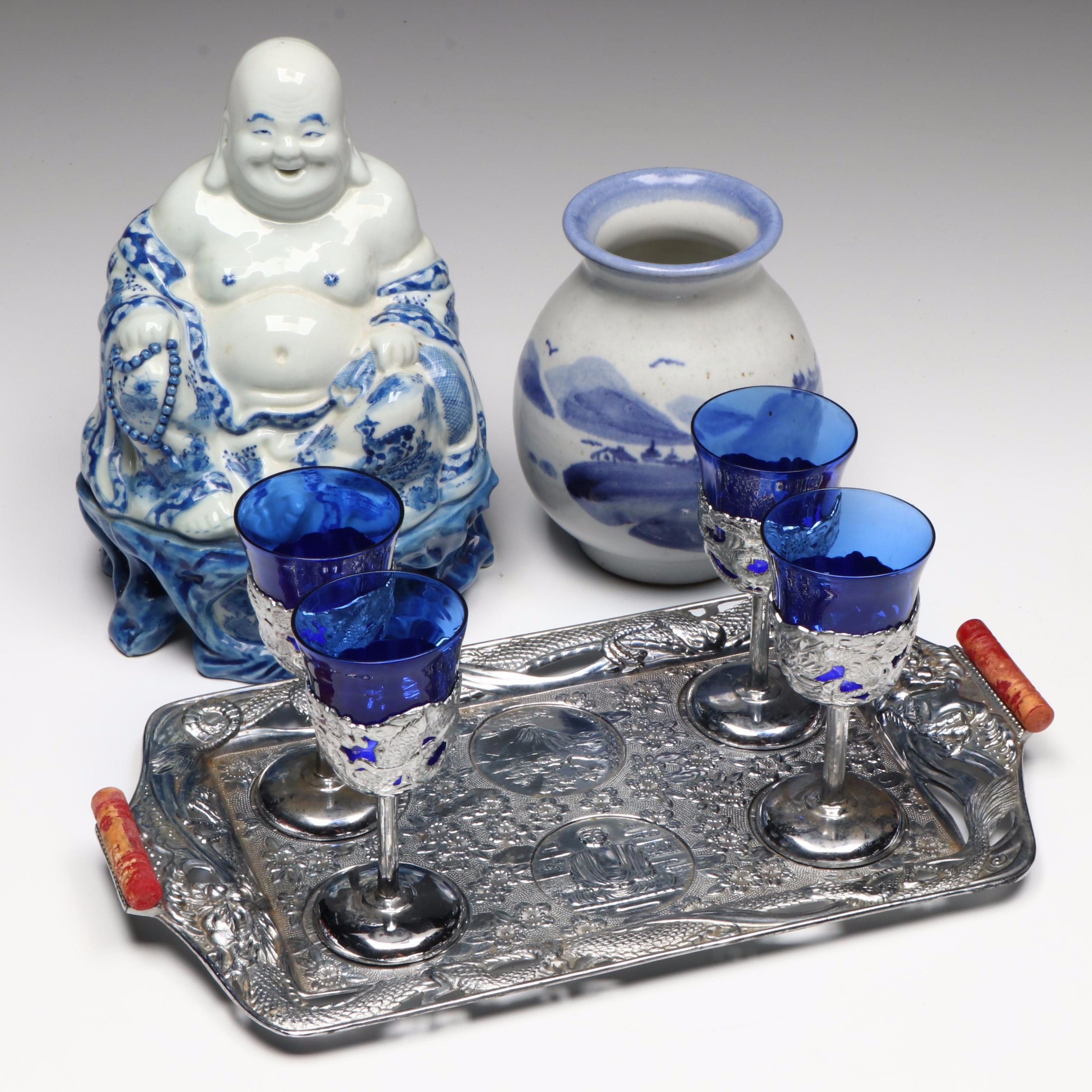 Japanese Metal Tray and Shot Glasses with Ceramic Vase and Buddha