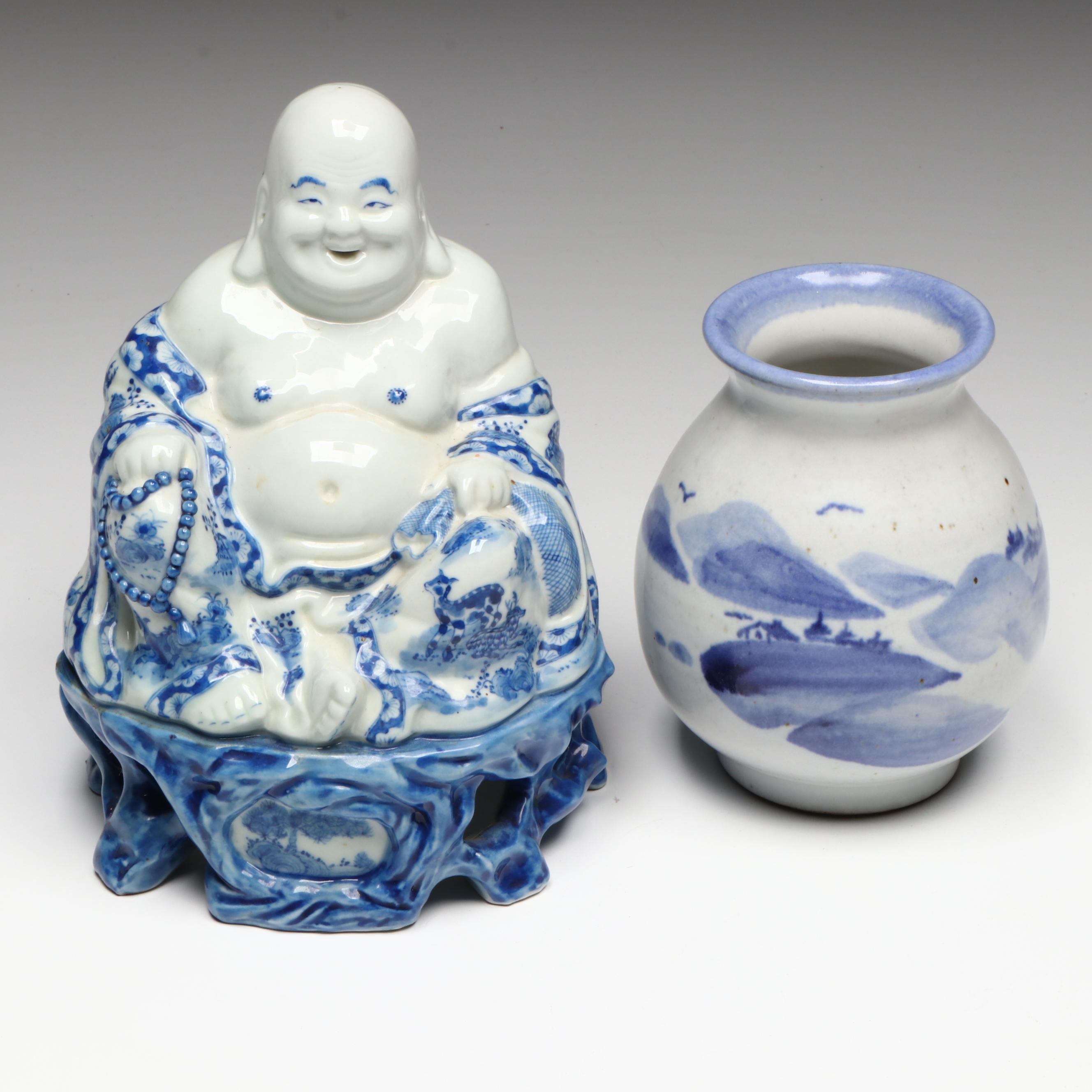 Japanese Metal Tray and Shot Glasses with Ceramic Vase and Buddha