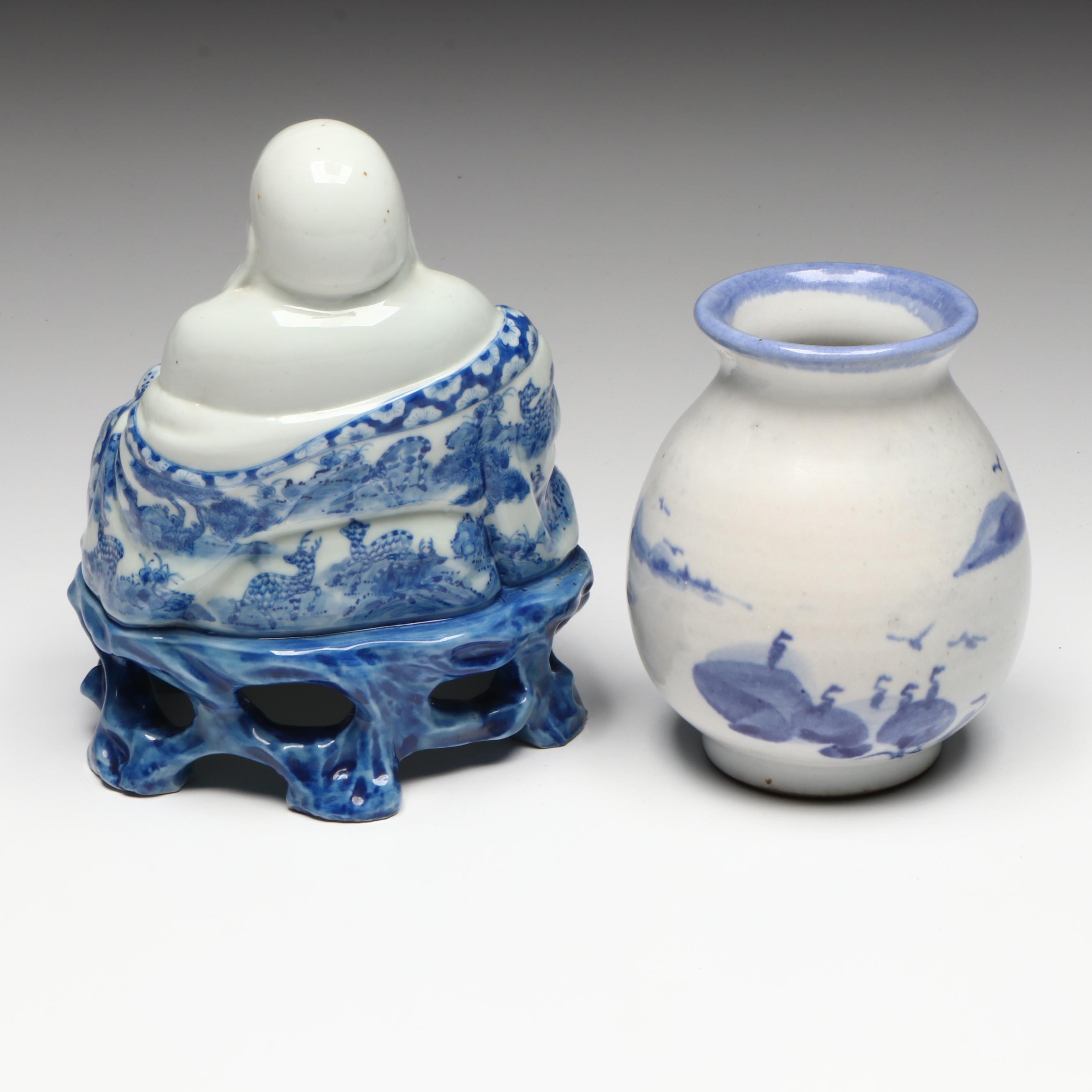 Japanese Metal Tray and Shot Glasses with Ceramic Vase and Buddha