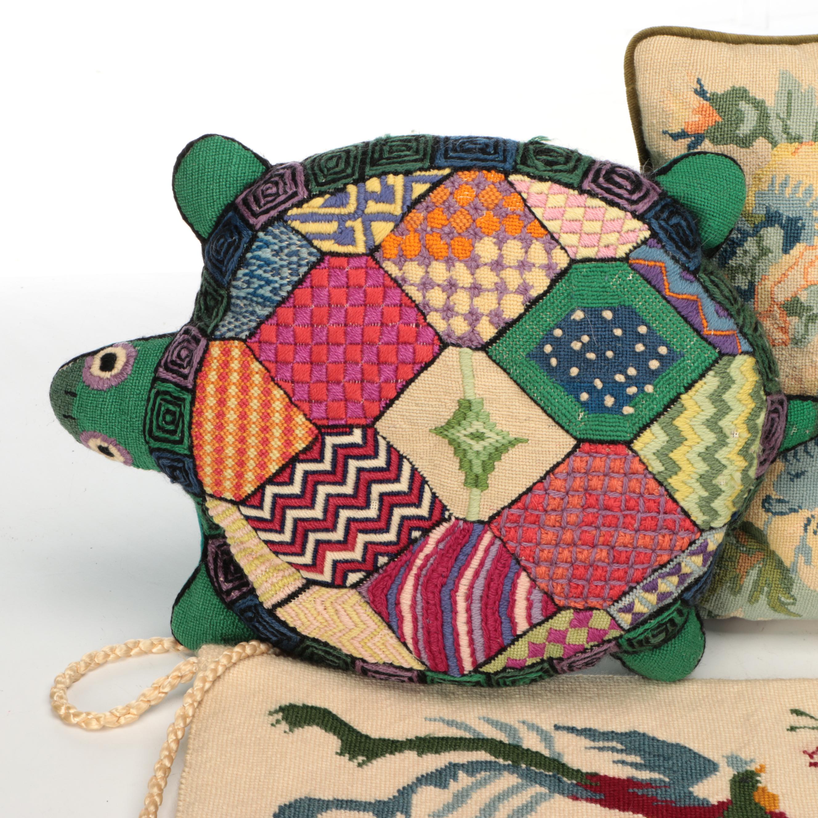 Hand-Stitched Bargello, Birds, Dogs & Turtle Needlepoint Pillows, Wall Panel