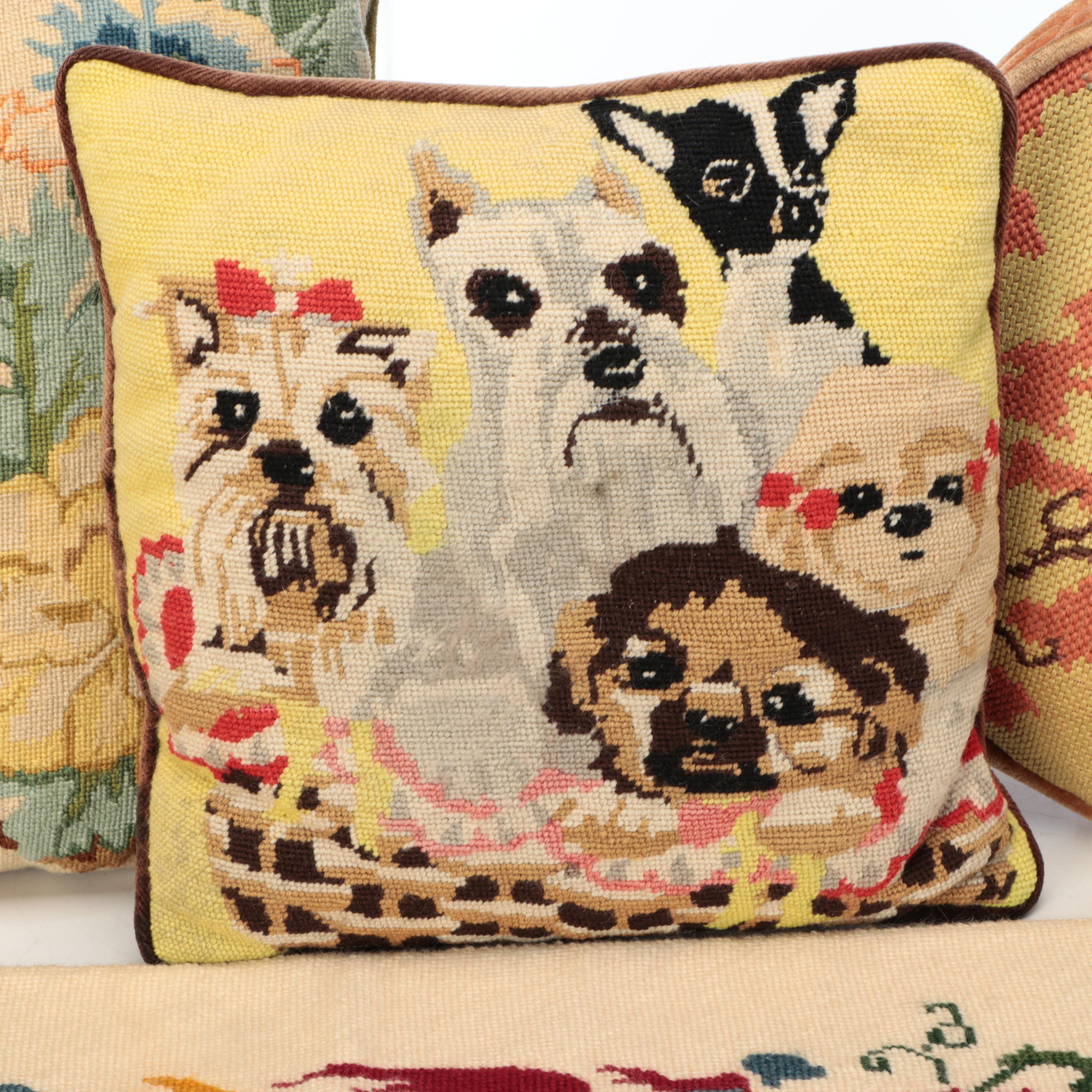 Hand-Stitched Bargello, Birds, Dogs & Turtle Needlepoint Pillows, Wall Panel