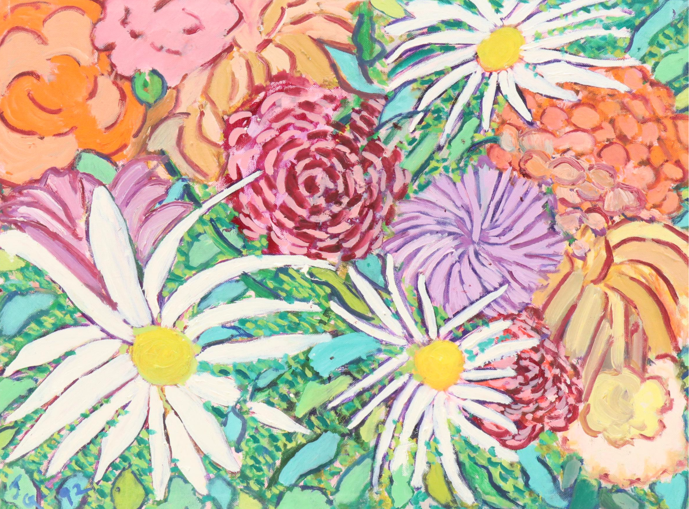 Janice Guttman Acrylic Painting of Stylized Daisies and Other Flowers, 1992