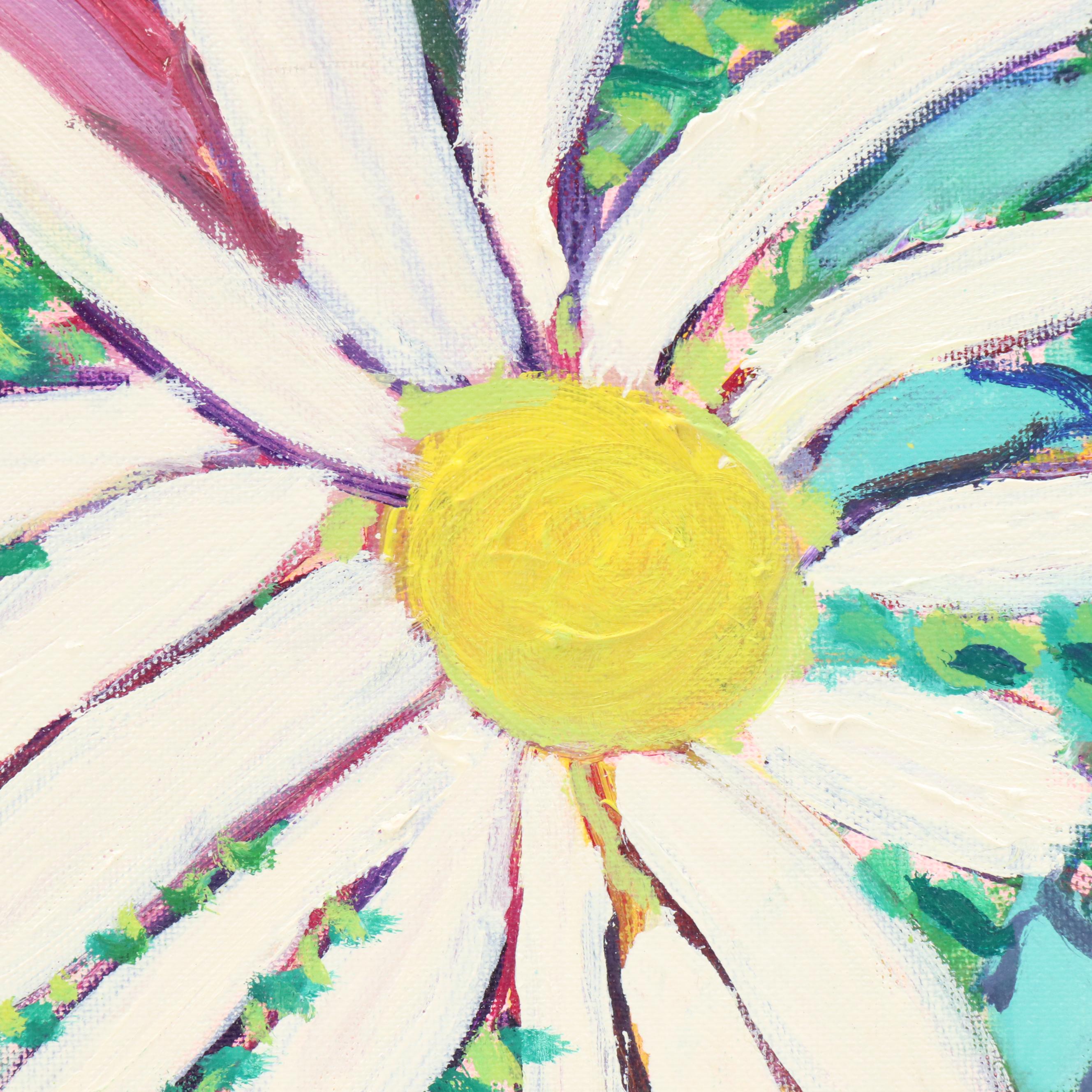 Janice Guttman Acrylic Painting of Stylized Daisies and Other Flowers, 1992