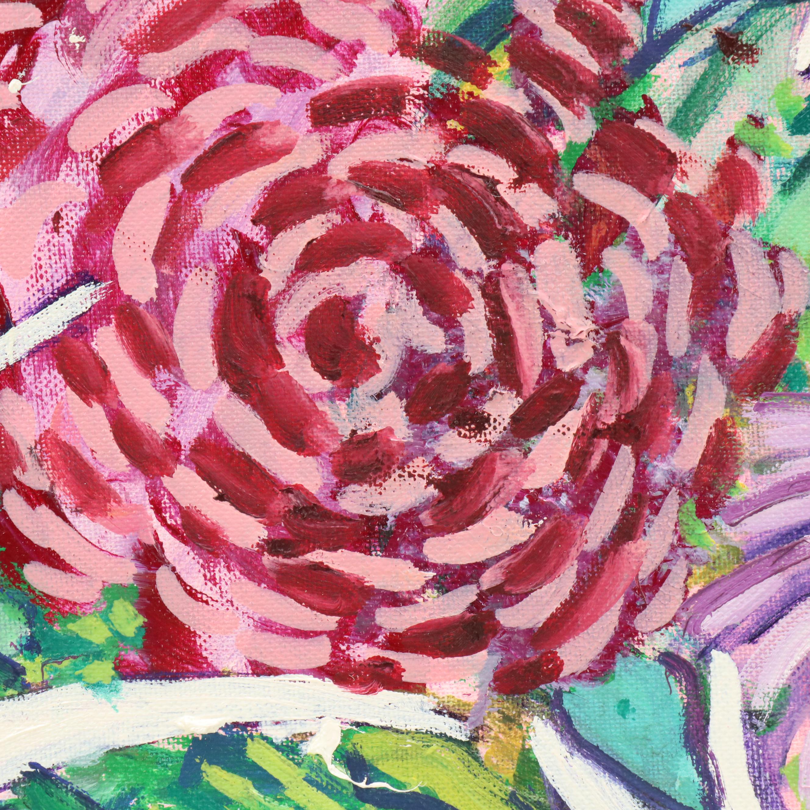 Janice Guttman Acrylic Painting of Stylized Daisies and Other Flowers, 1992