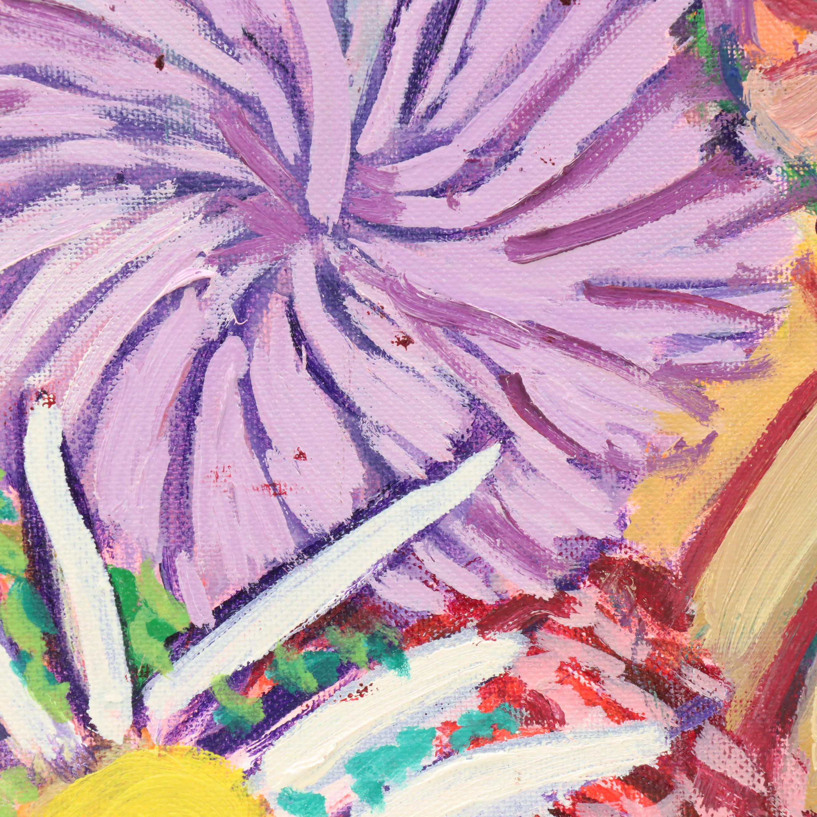 Janice Guttman Acrylic Painting of Stylized Daisies and Other Flowers, 1992