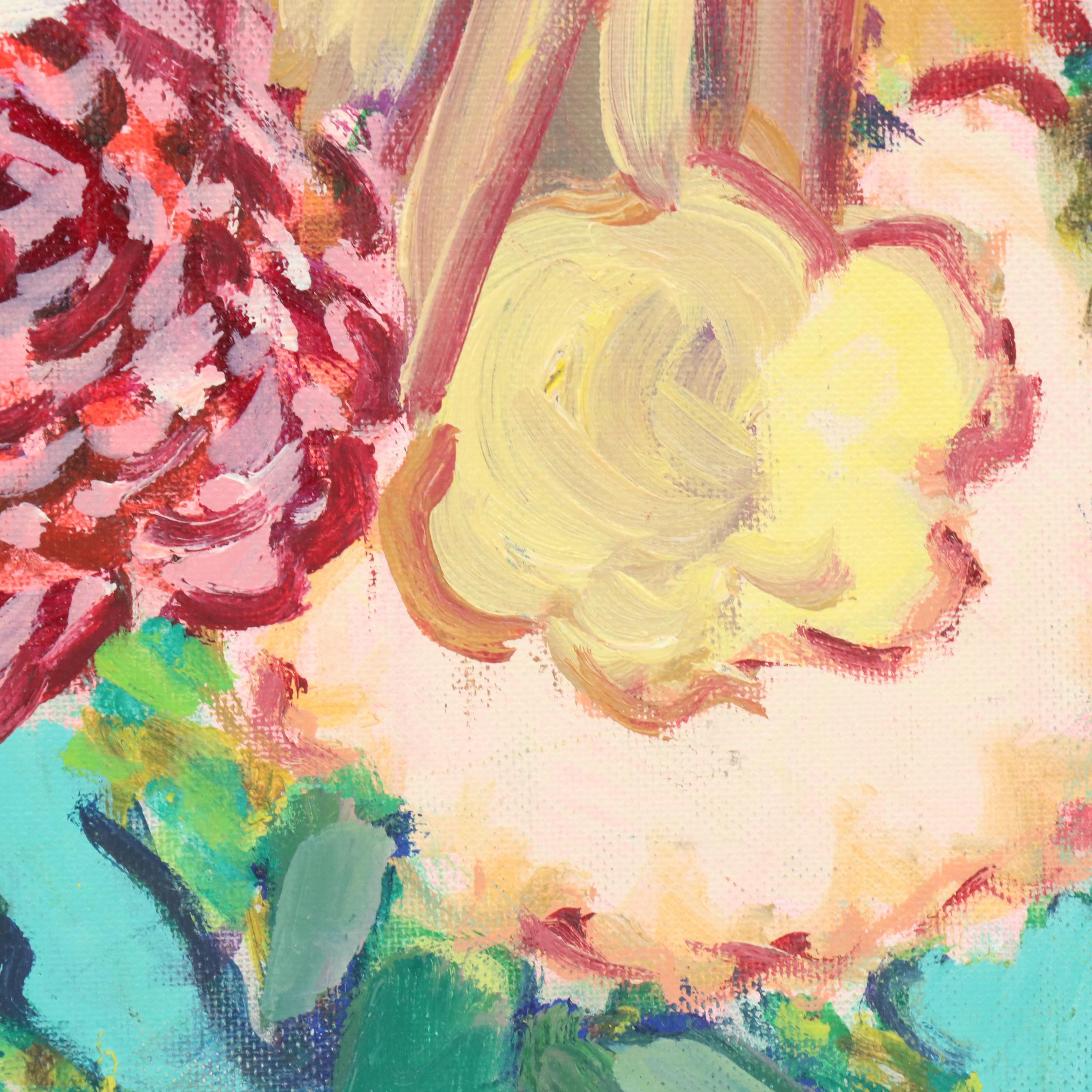 Janice Guttman Acrylic Painting of Stylized Daisies and Other Flowers, 1992