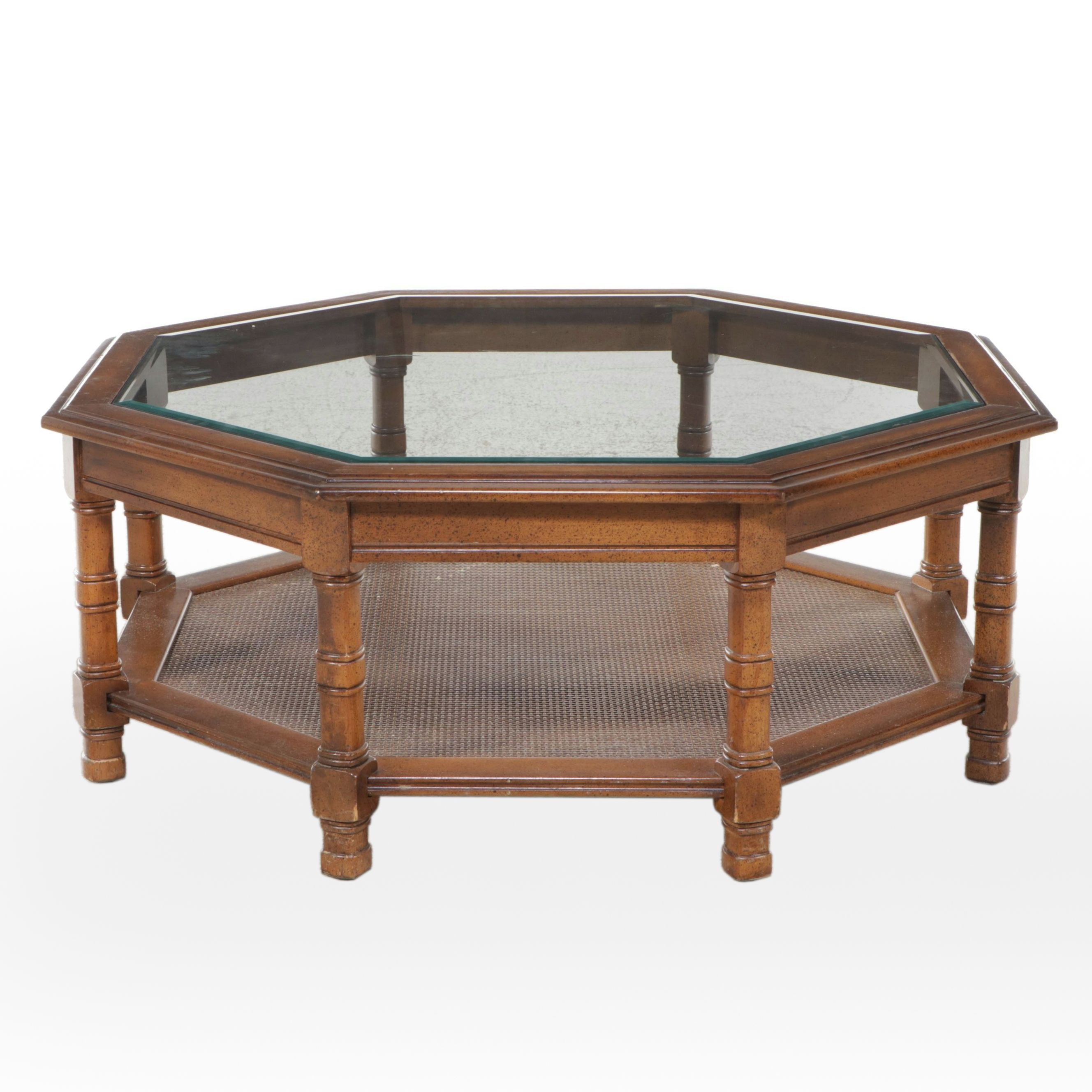 Octagonal Glass-Top Wood Coffee Table, Late 20th Century