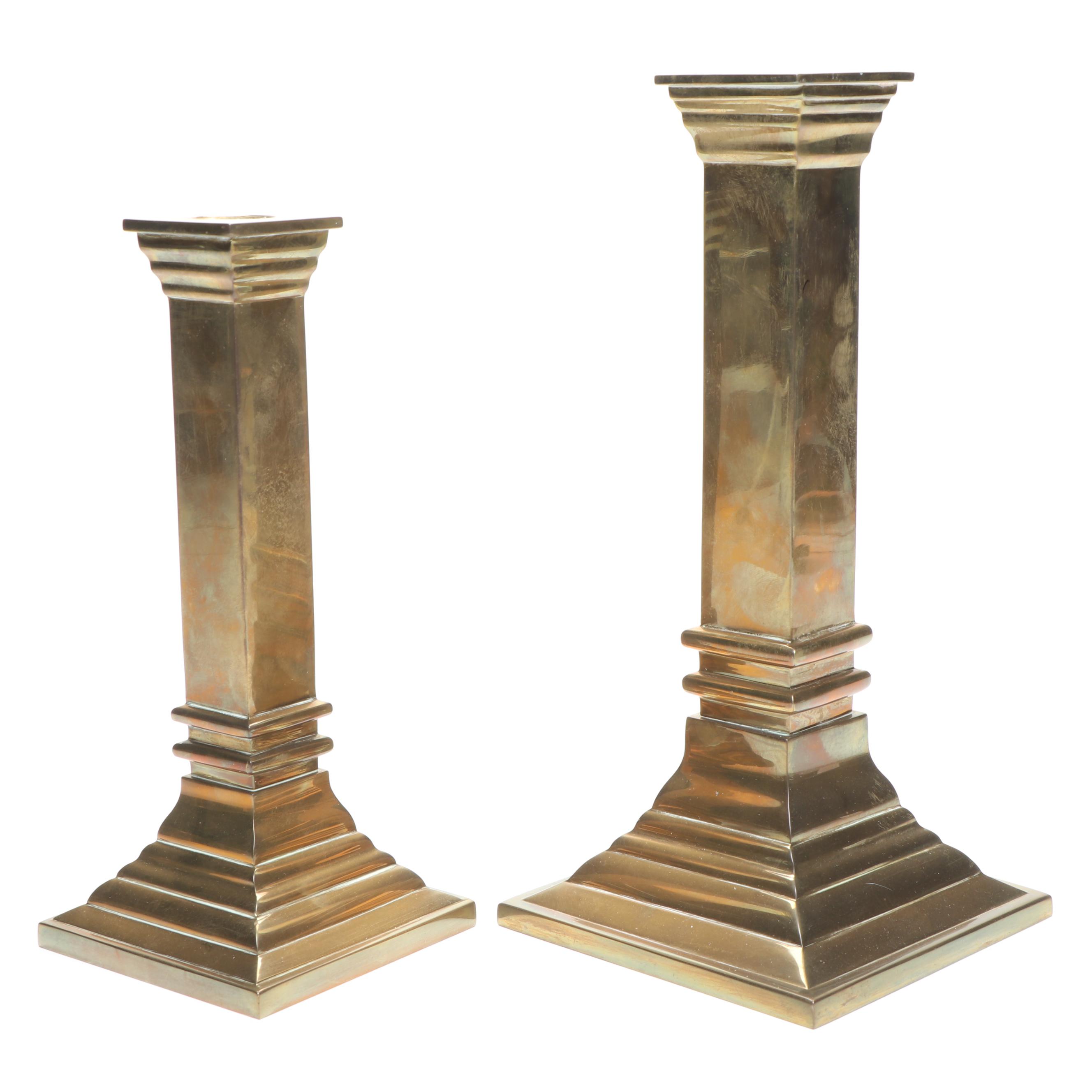 Neoclassical Style Brass Pillar Candlesticks, Mid to Late 20th Century