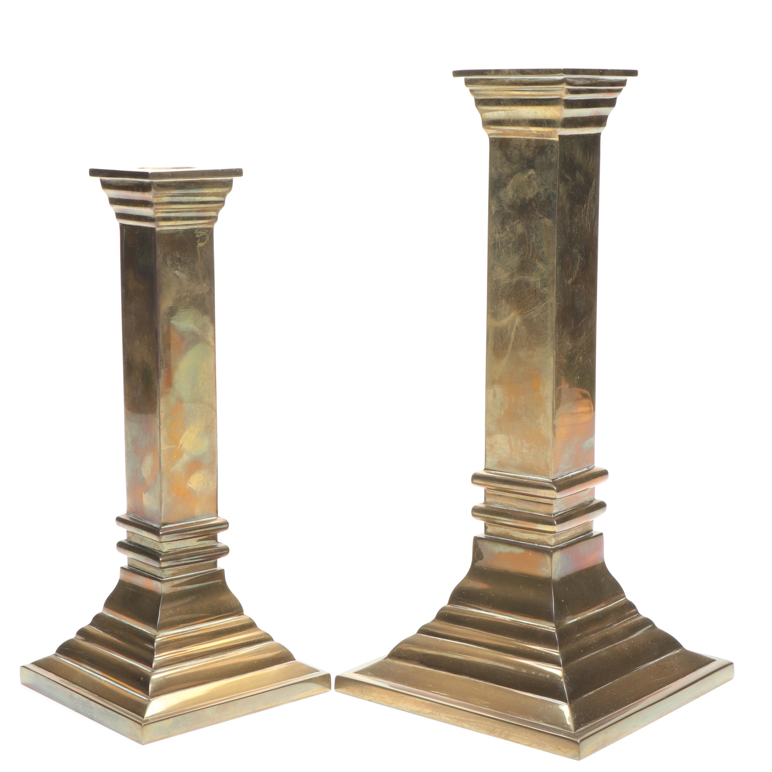 Neoclassical Style Brass Pillar Candlesticks, Mid to Late 20th Century