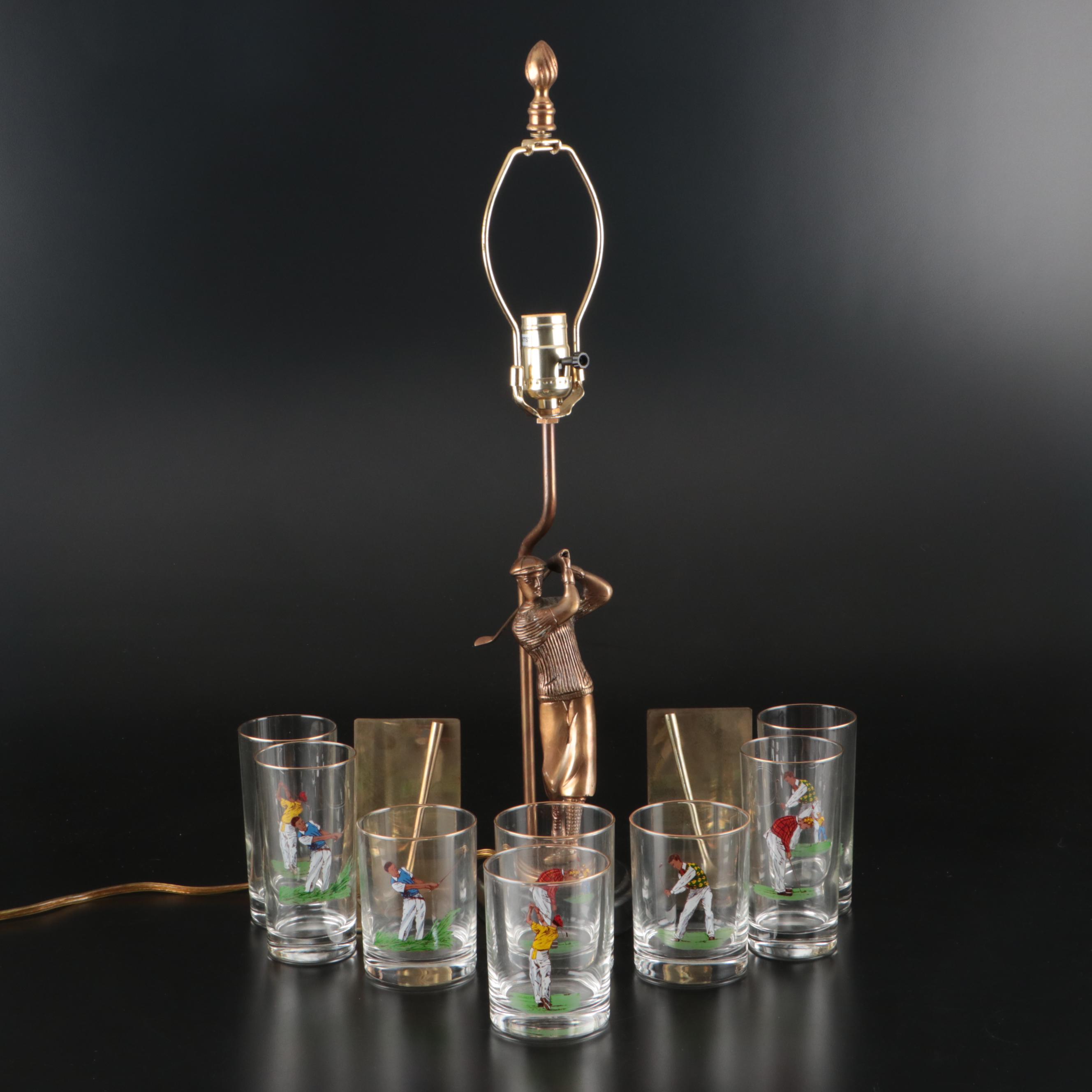 Brass Golfer Table Lamp, Brass Golf Club Bookends, and Golfer Glass Tumblers