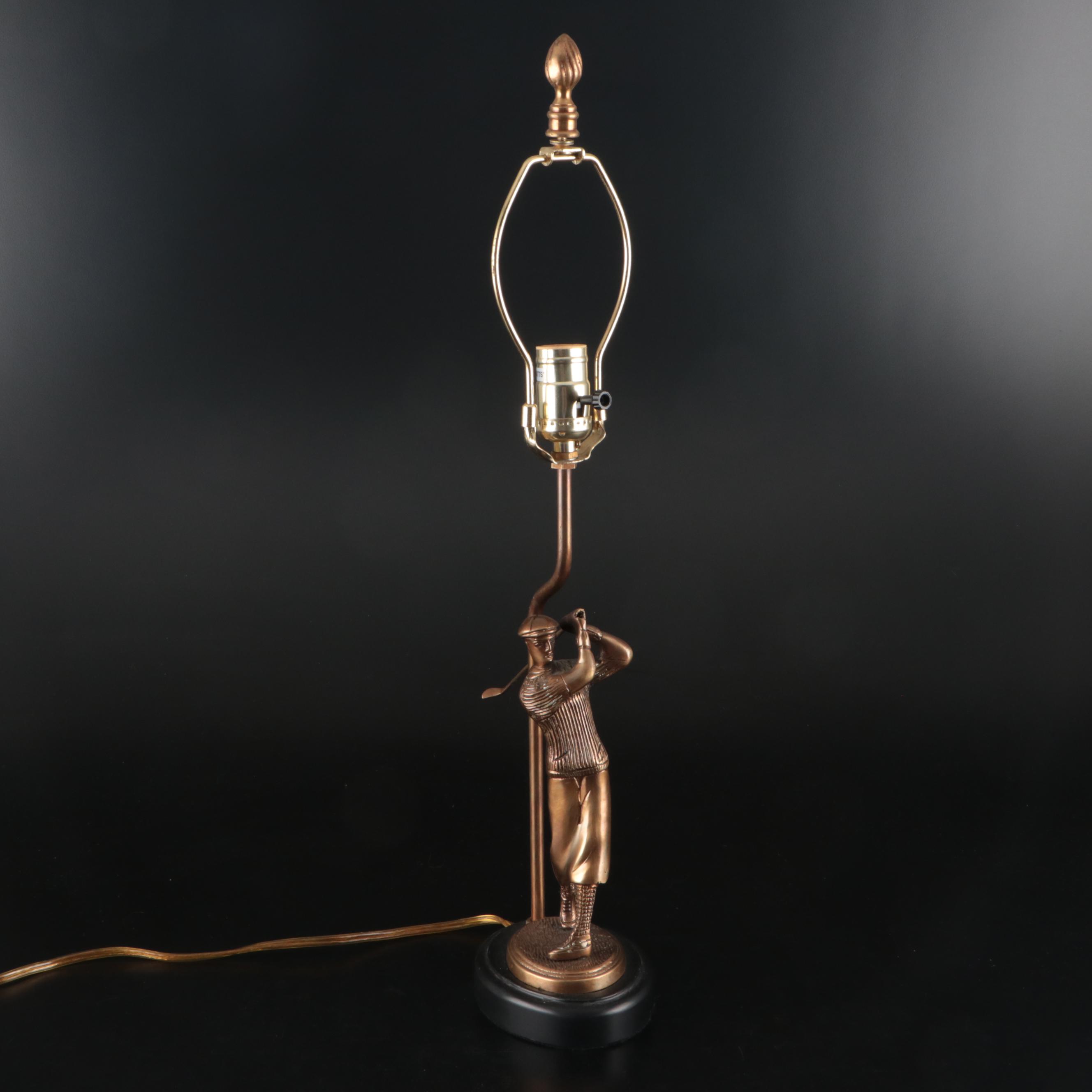 Brass Golfer Table Lamp, Brass Golf Club Bookends, and Golfer Glass Tumblers