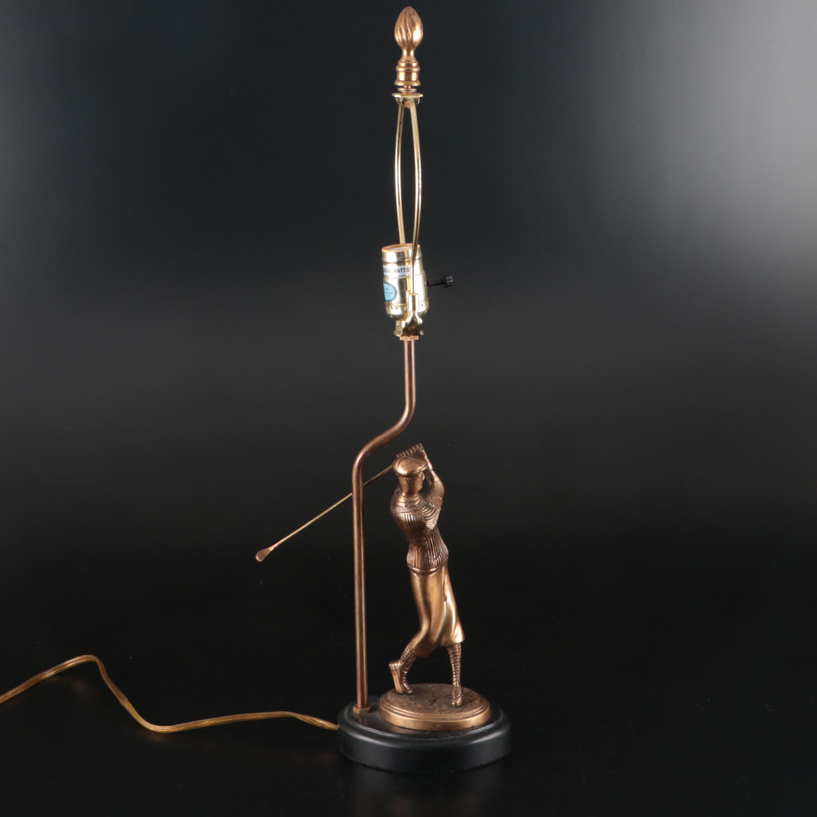 Brass Golfer Table Lamp, Brass Golf Club Bookends, and Golfer Glass Tumblers