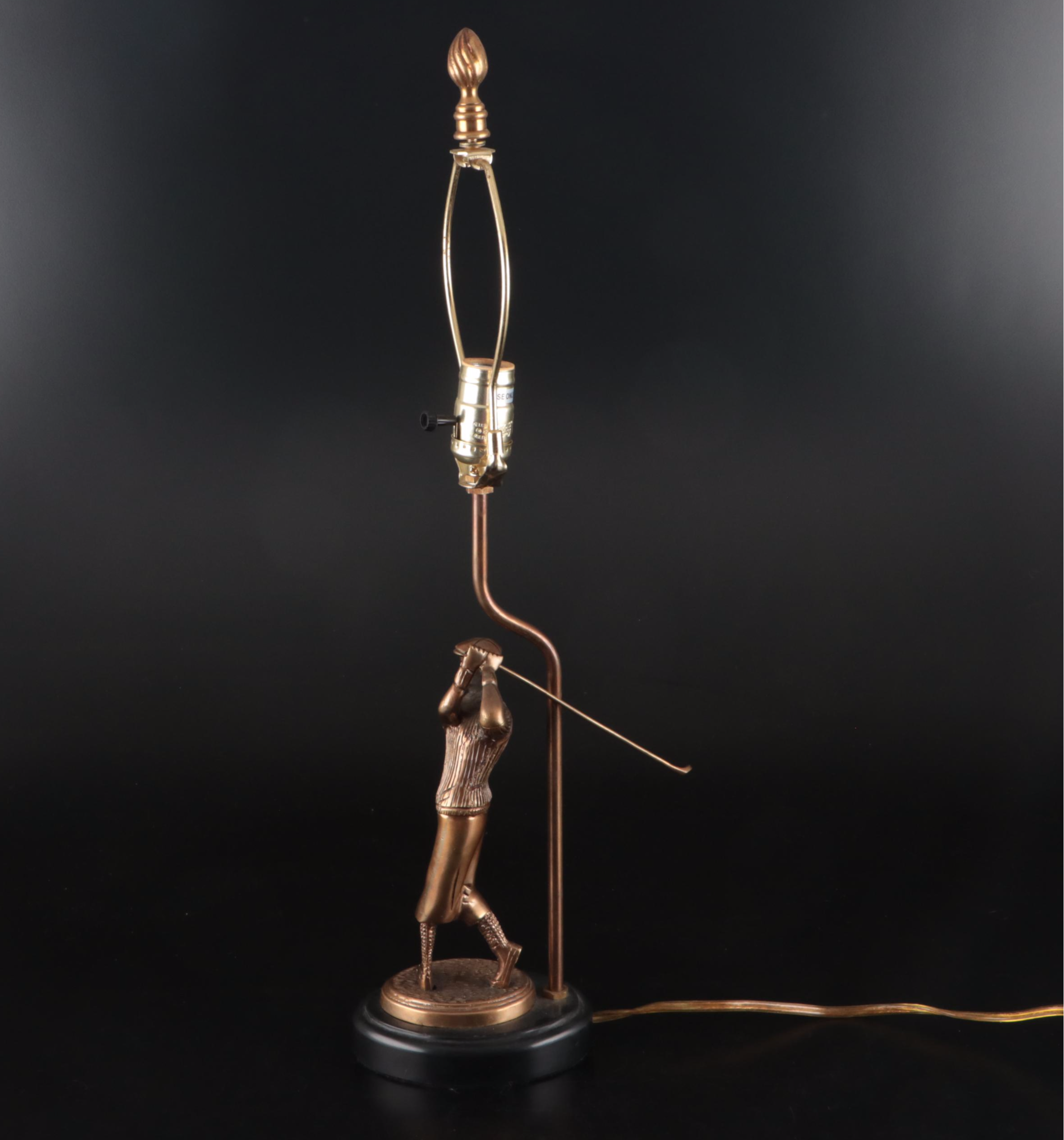 Brass Golfer Table Lamp, Brass Golf Club Bookends, and Golfer Glass Tumblers