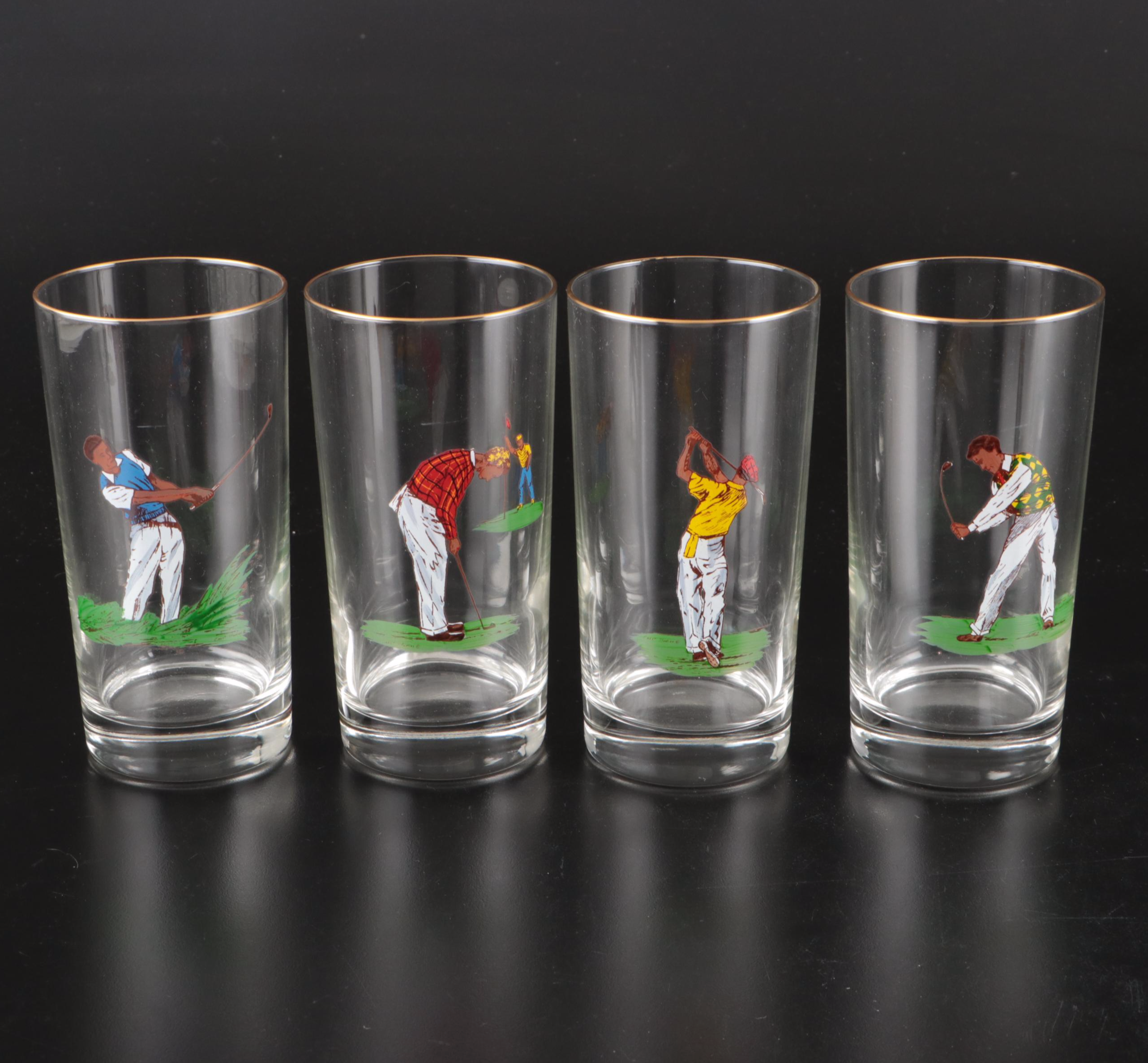 Brass Golfer Table Lamp, Brass Golf Club Bookends, and Golfer Glass Tumblers