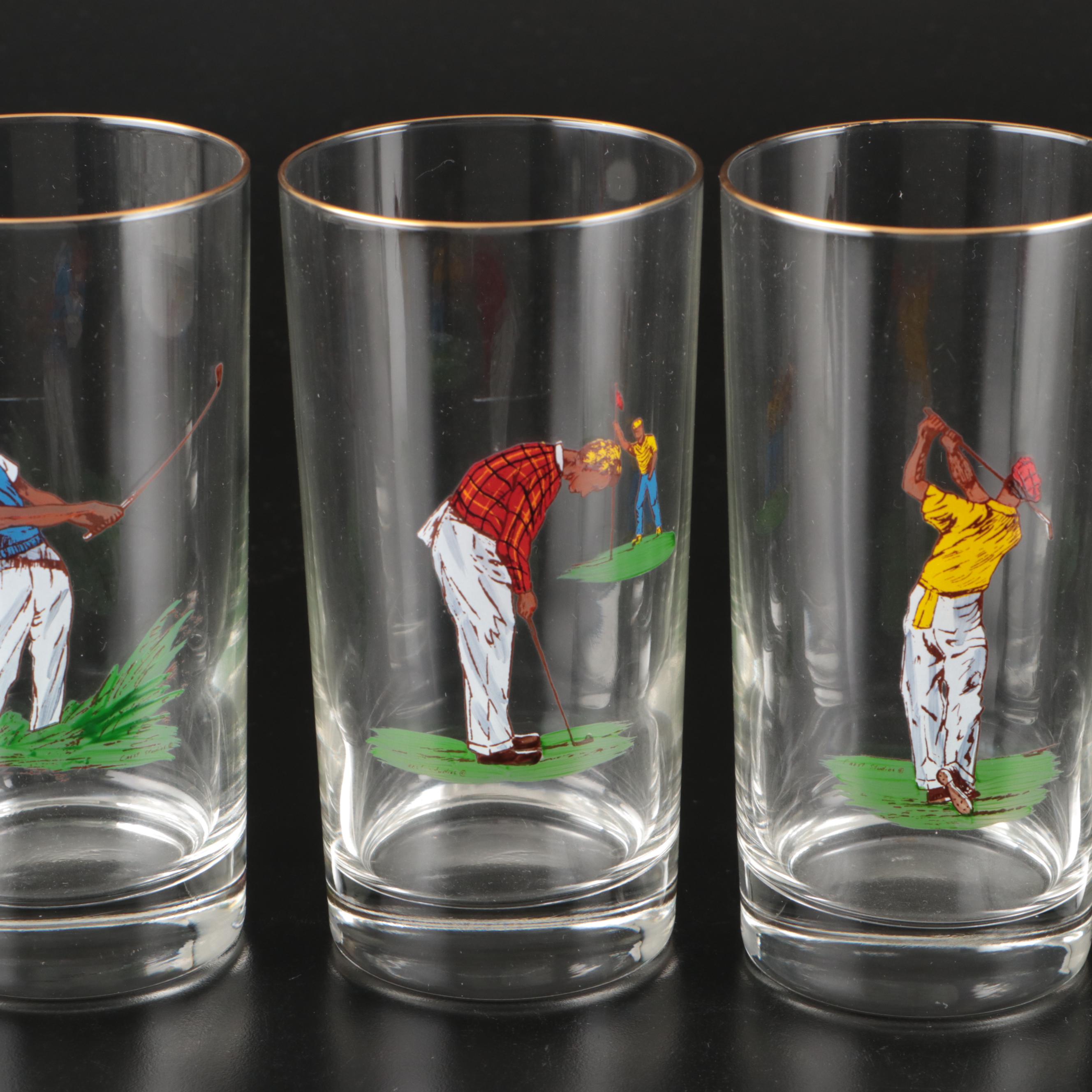 Brass Golfer Table Lamp, Brass Golf Club Bookends, and Golfer Glass Tumblers