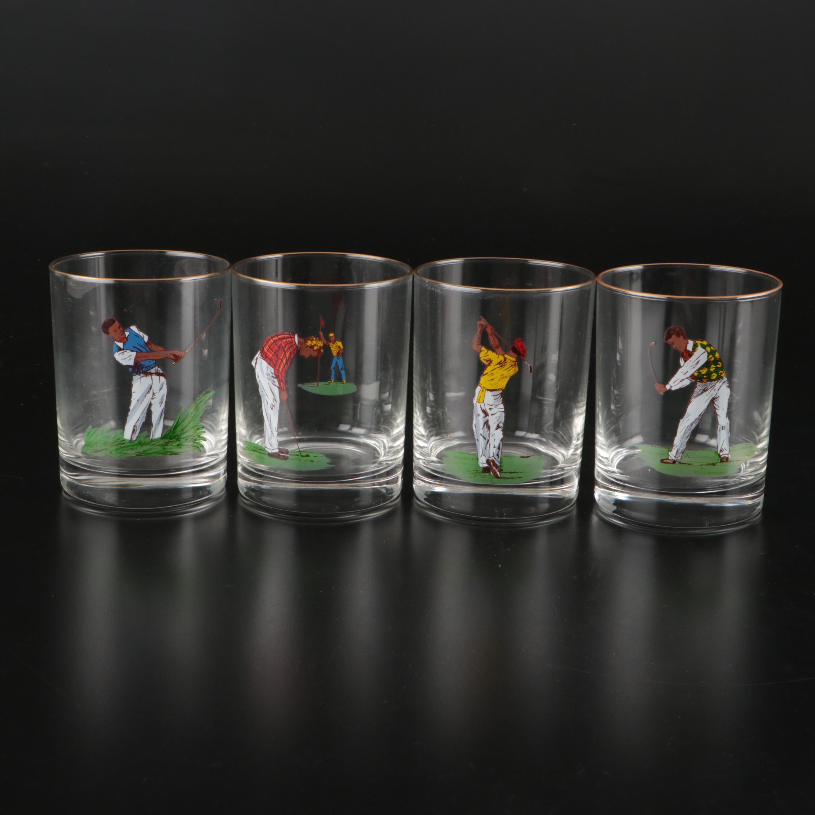 Brass Golfer Table Lamp, Brass Golf Club Bookends, and Golfer Glass Tumblers