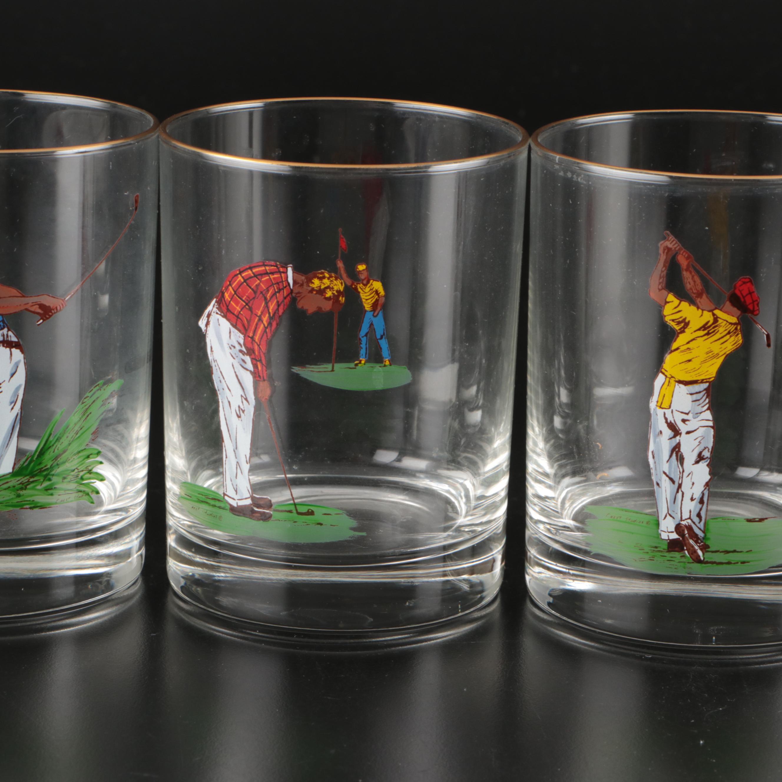 Brass Golfer Table Lamp, Brass Golf Club Bookends, and Golfer Glass Tumblers