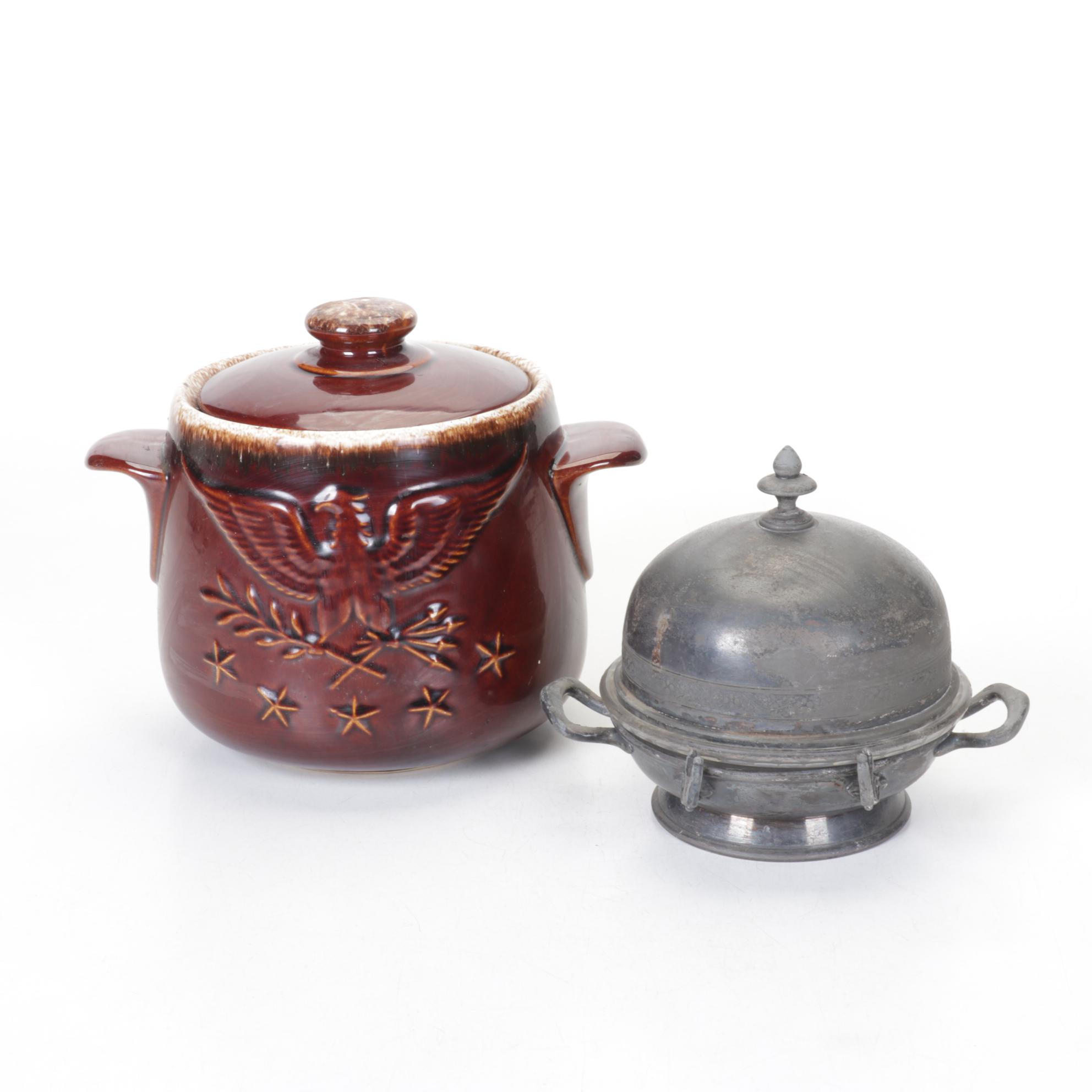 Hull Pottery Bicentennial Bean Pot with Reed & Barton Silver Plate Butter Dish