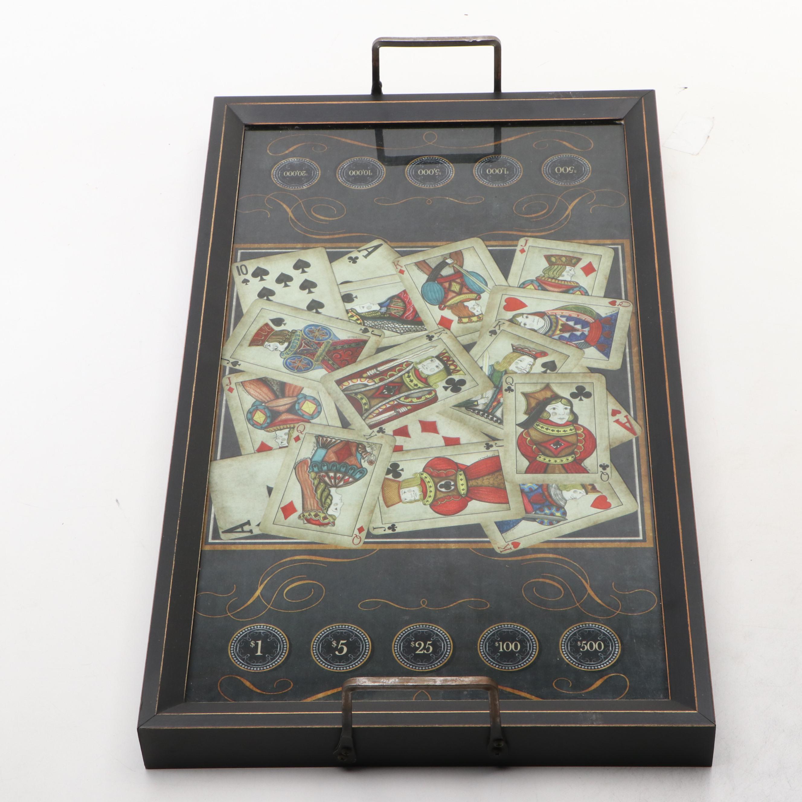 English Style Wood and Glass Poker Themed Tray