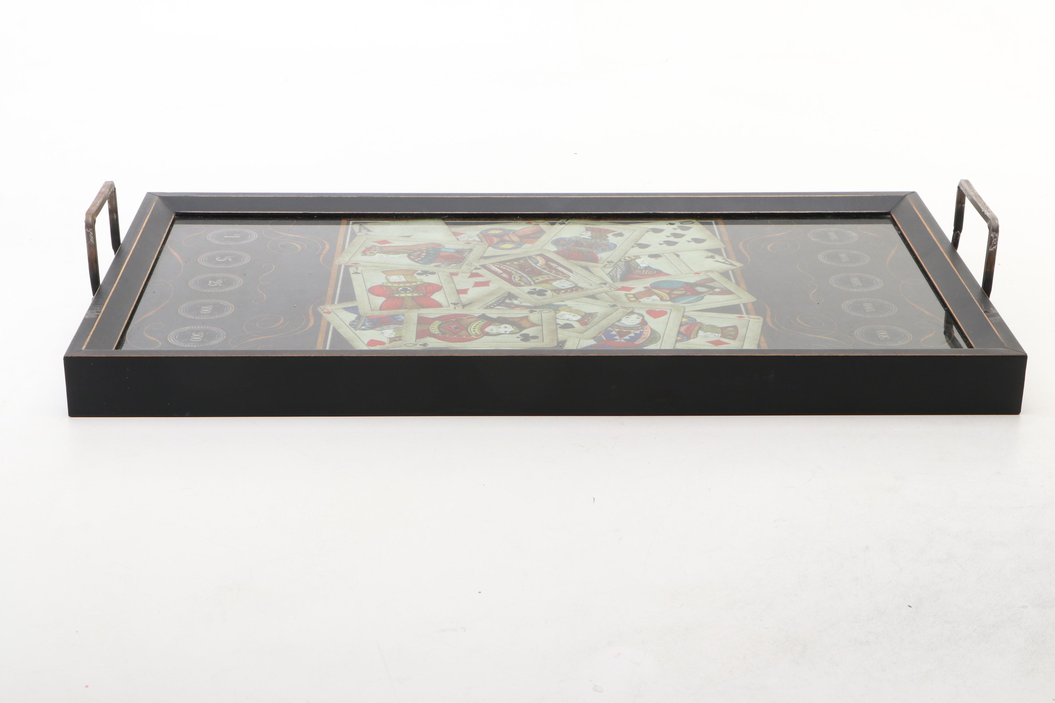 English Style Wood and Glass Poker Themed Tray