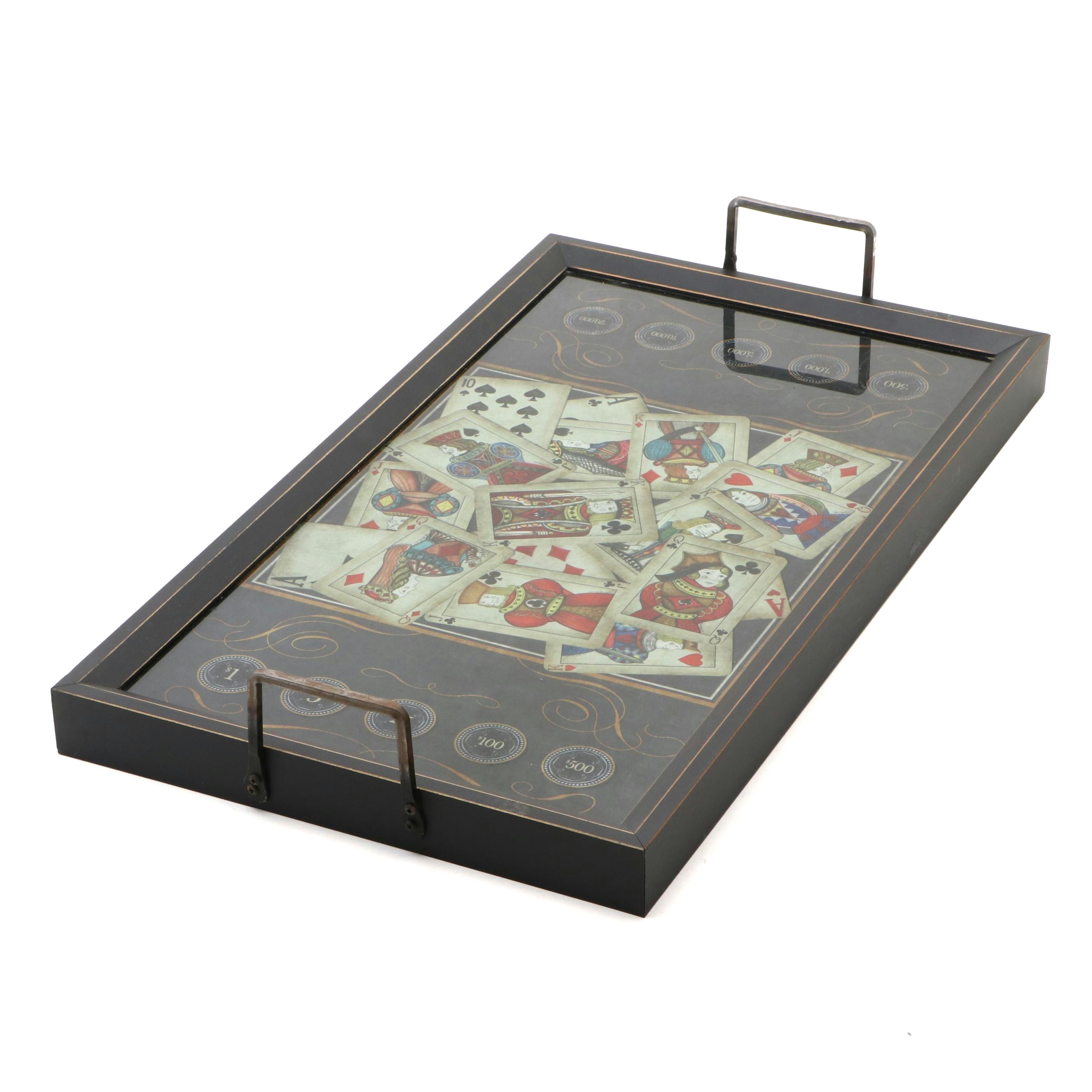 English Style Wood and Glass Poker Themed Tray