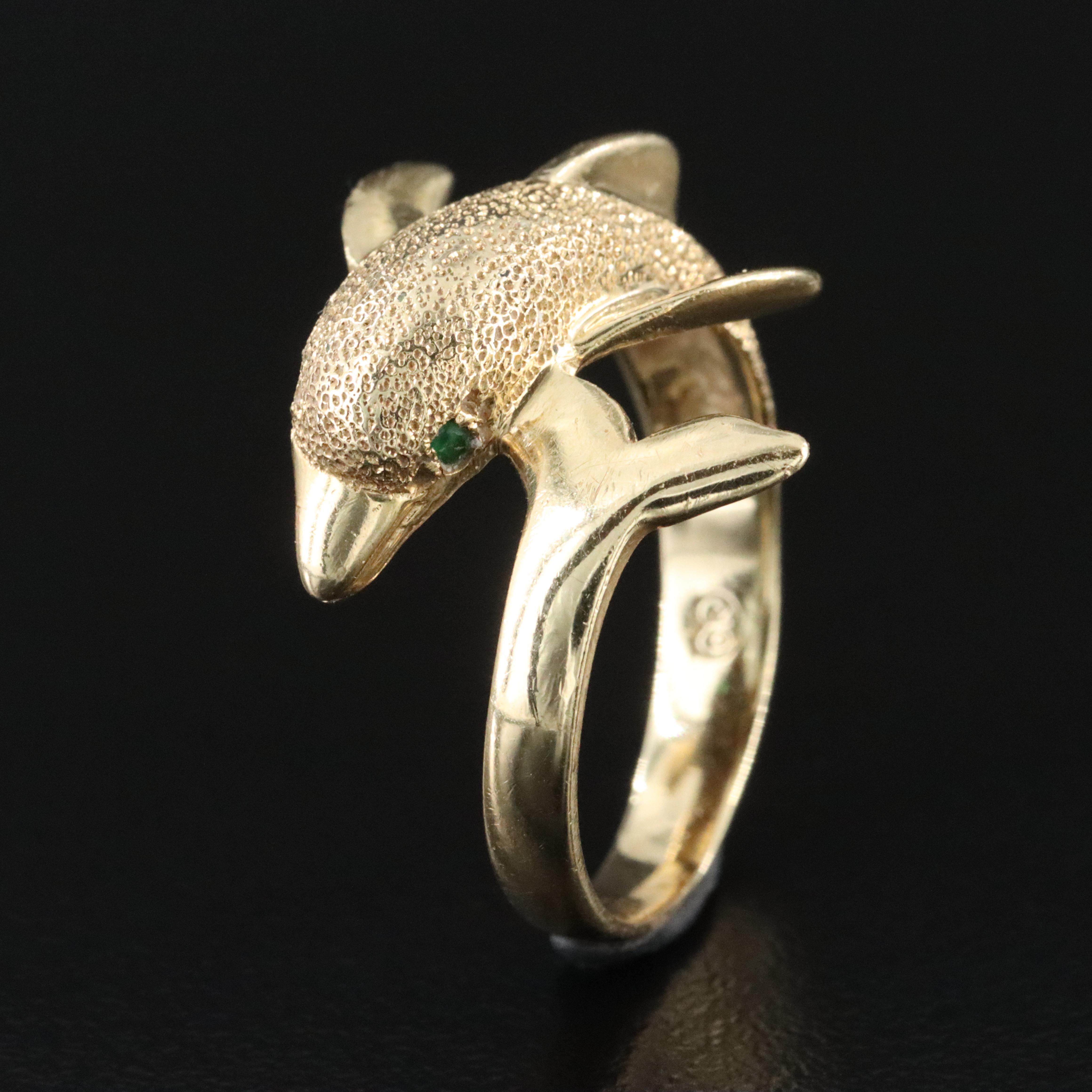 14K Emerald Eyed Dolphin Ring