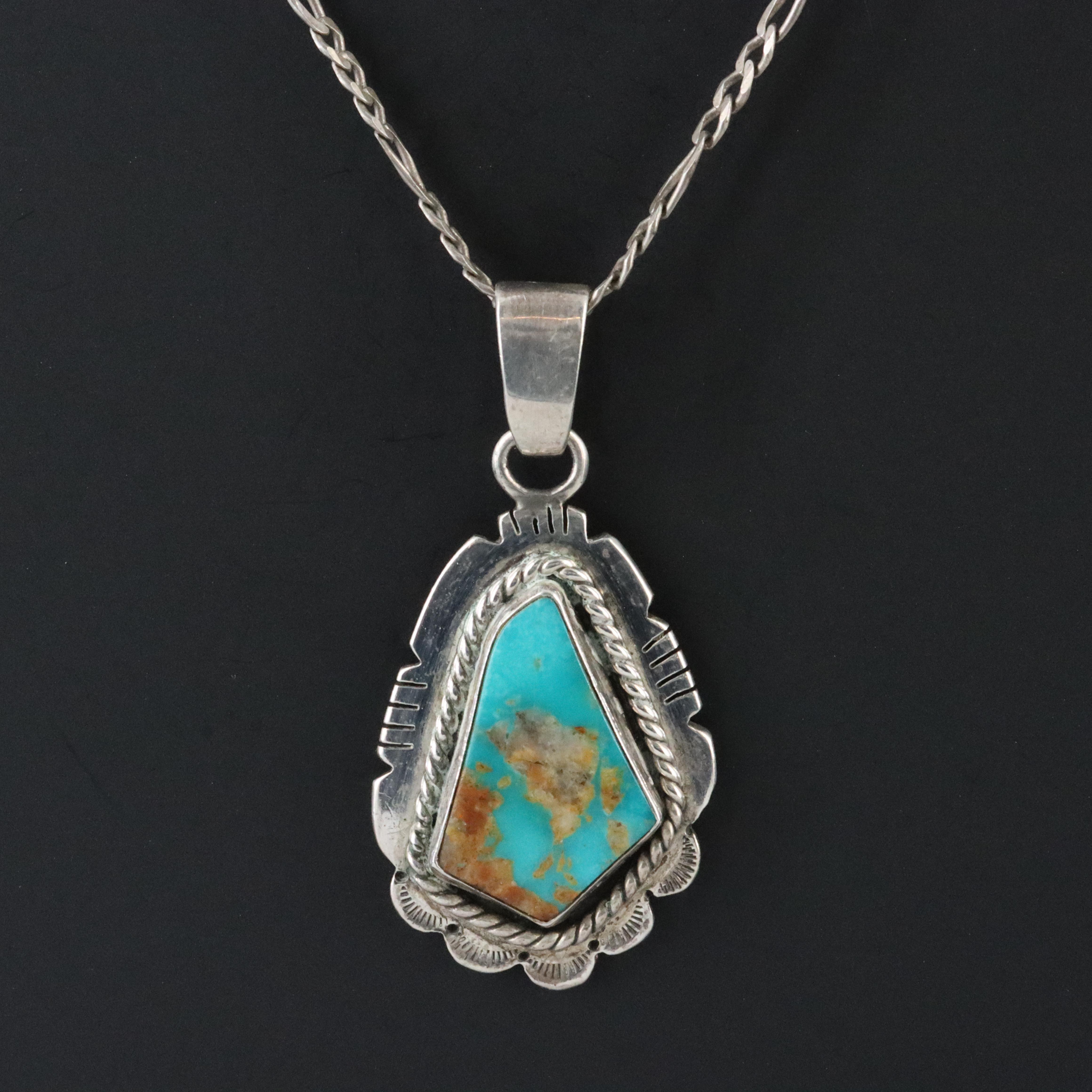 Southwestern Signed Sterling Turquoise Pendant Necklace
