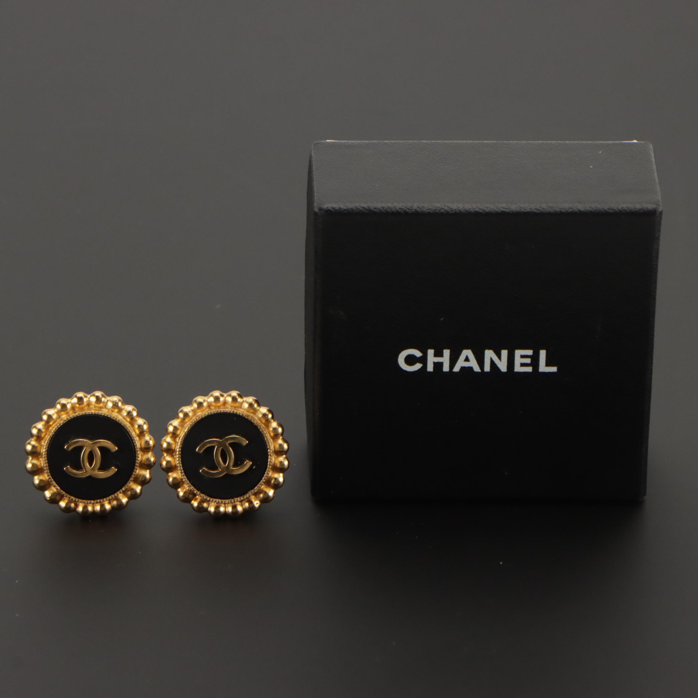 Chanel CC Button Clip-On Earrings in Box, 1990s