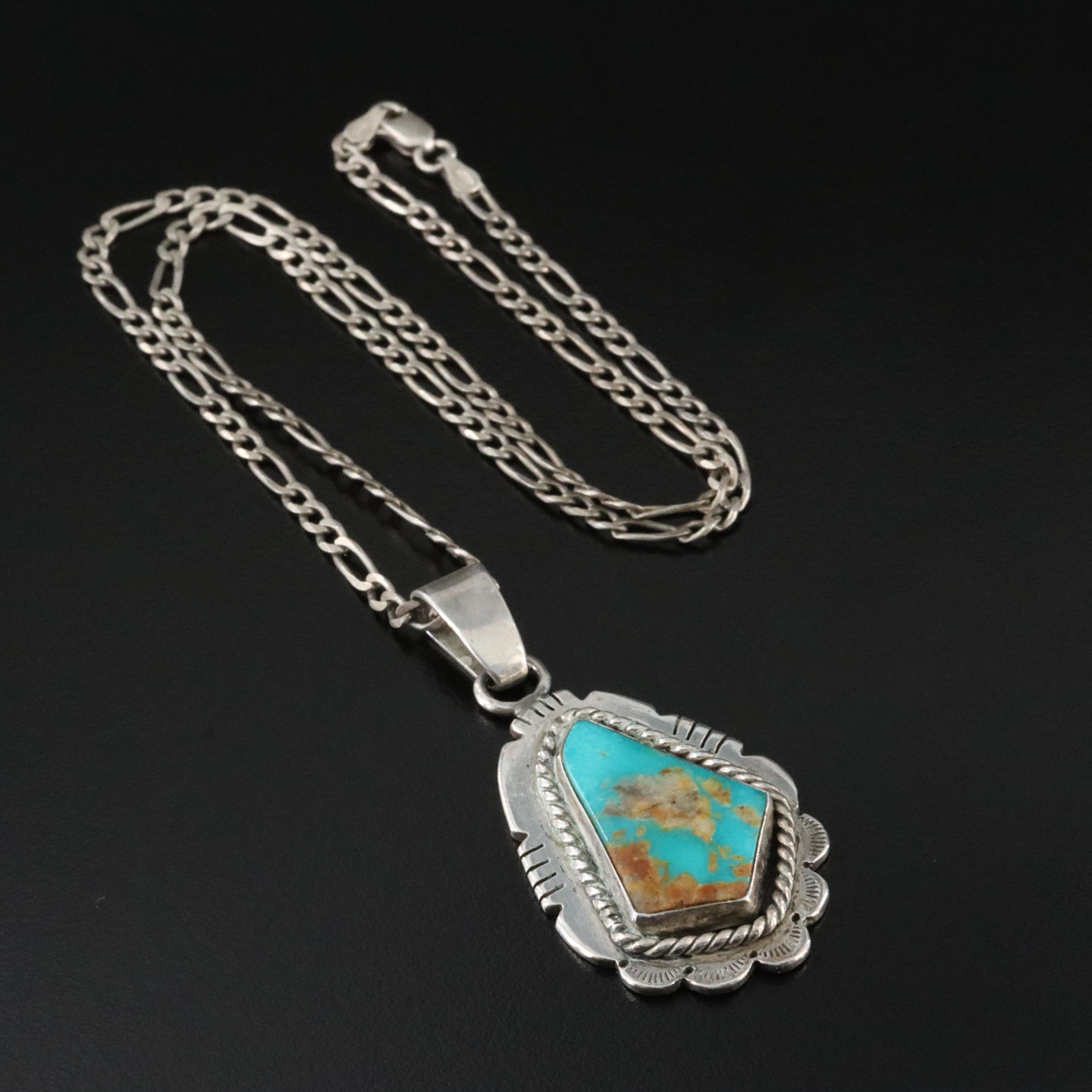 Southwestern Signed Sterling Turquoise Pendant Necklace