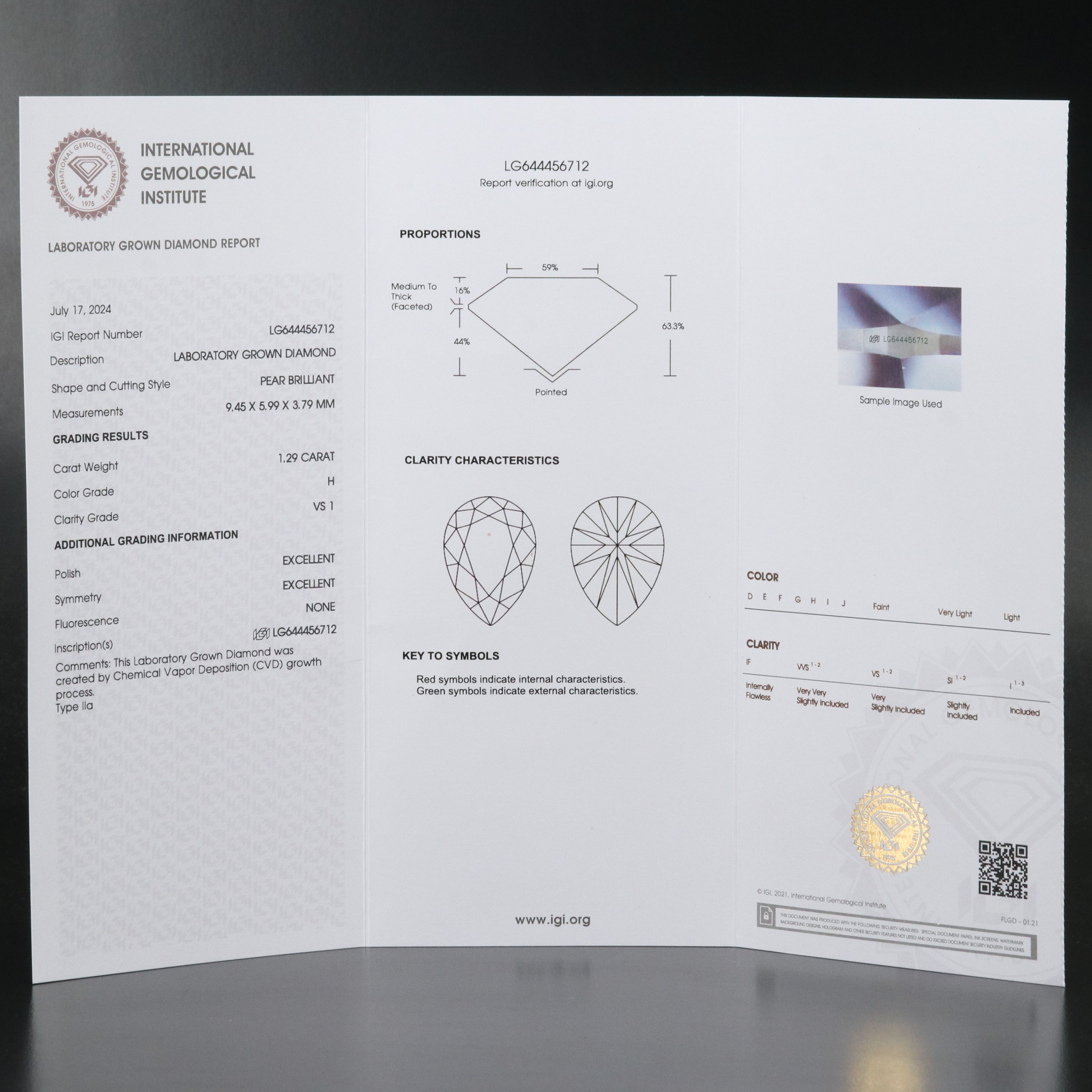 Loose 1.29 CT Lab Grown Diamond with IGI Report