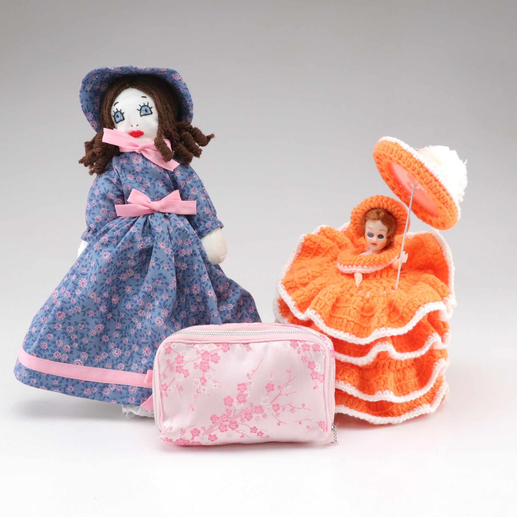 Orange Ruffle Crochet Doll with Parasol and Embroidered Cloth Doll